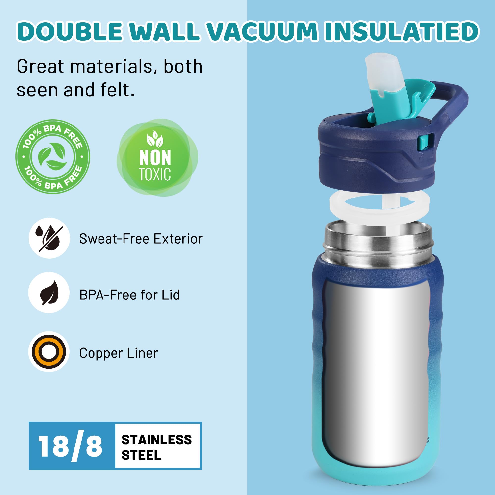 Haushof Kids Water Bottle 12 Oz- With Straw And Stickers, Stainless Steel