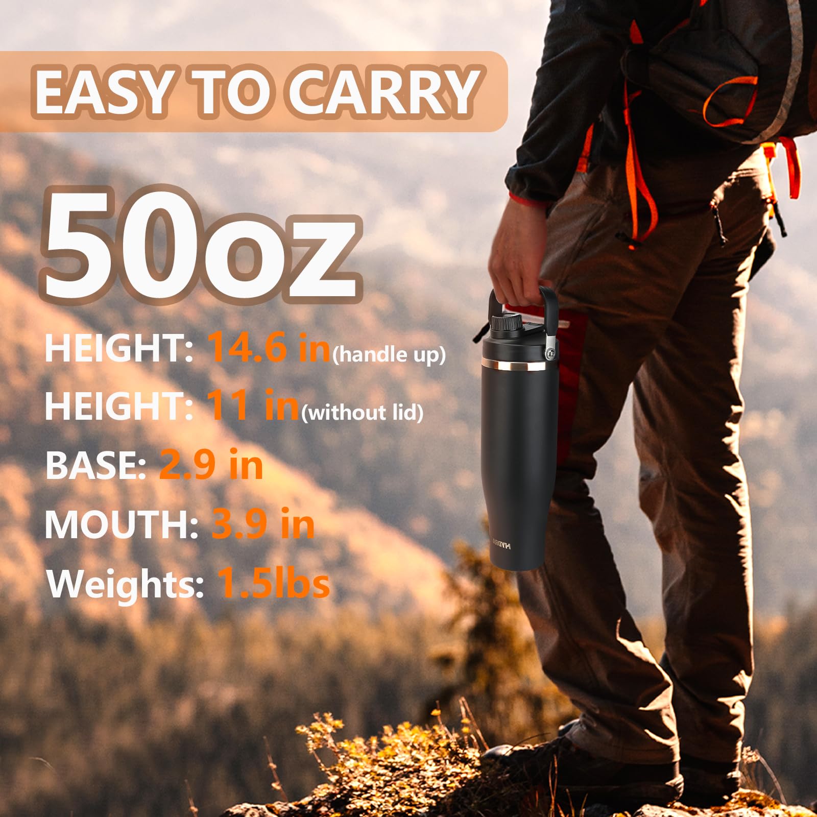 50 Oz Stainless Steel Water Bottle With Spout Lid & Handle, Insulated Large Hydration Bottle