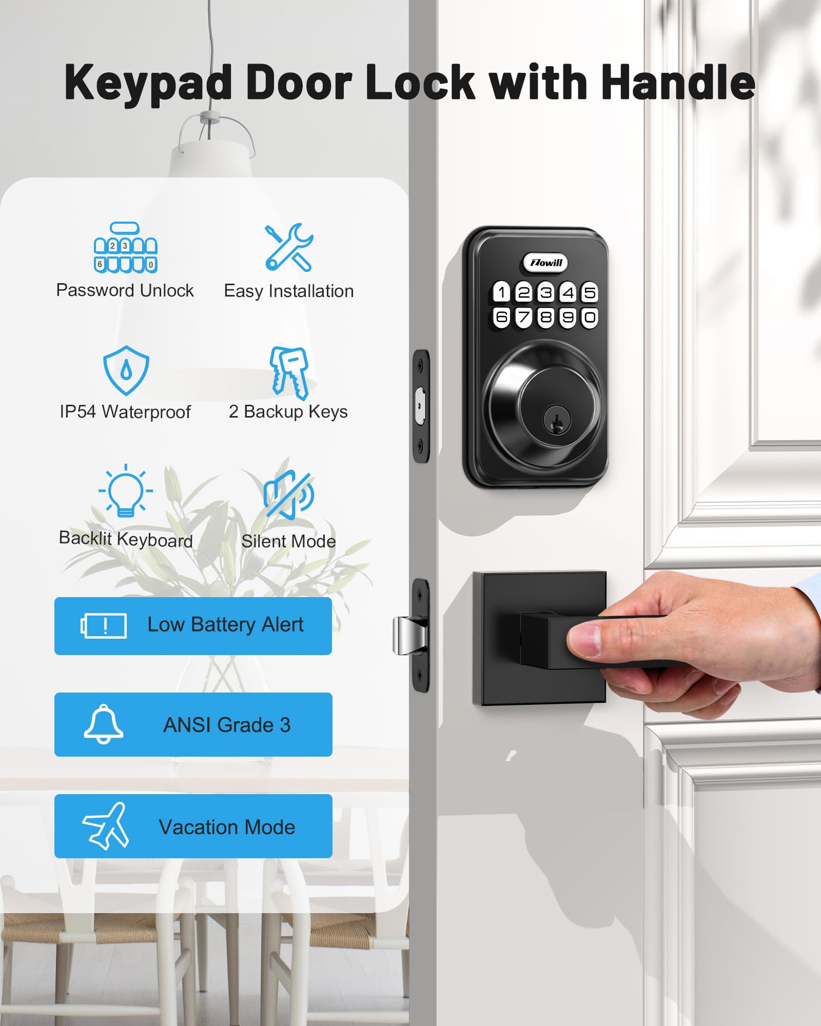 Zowill Keyless Entry Door Lock With 2 Lever Handles, Electronic Keypad Deadbolt, Auto-Locking, Anti-Peeping Password, Digital Code Door Lock, Front Door Handle Sets, Matte Black