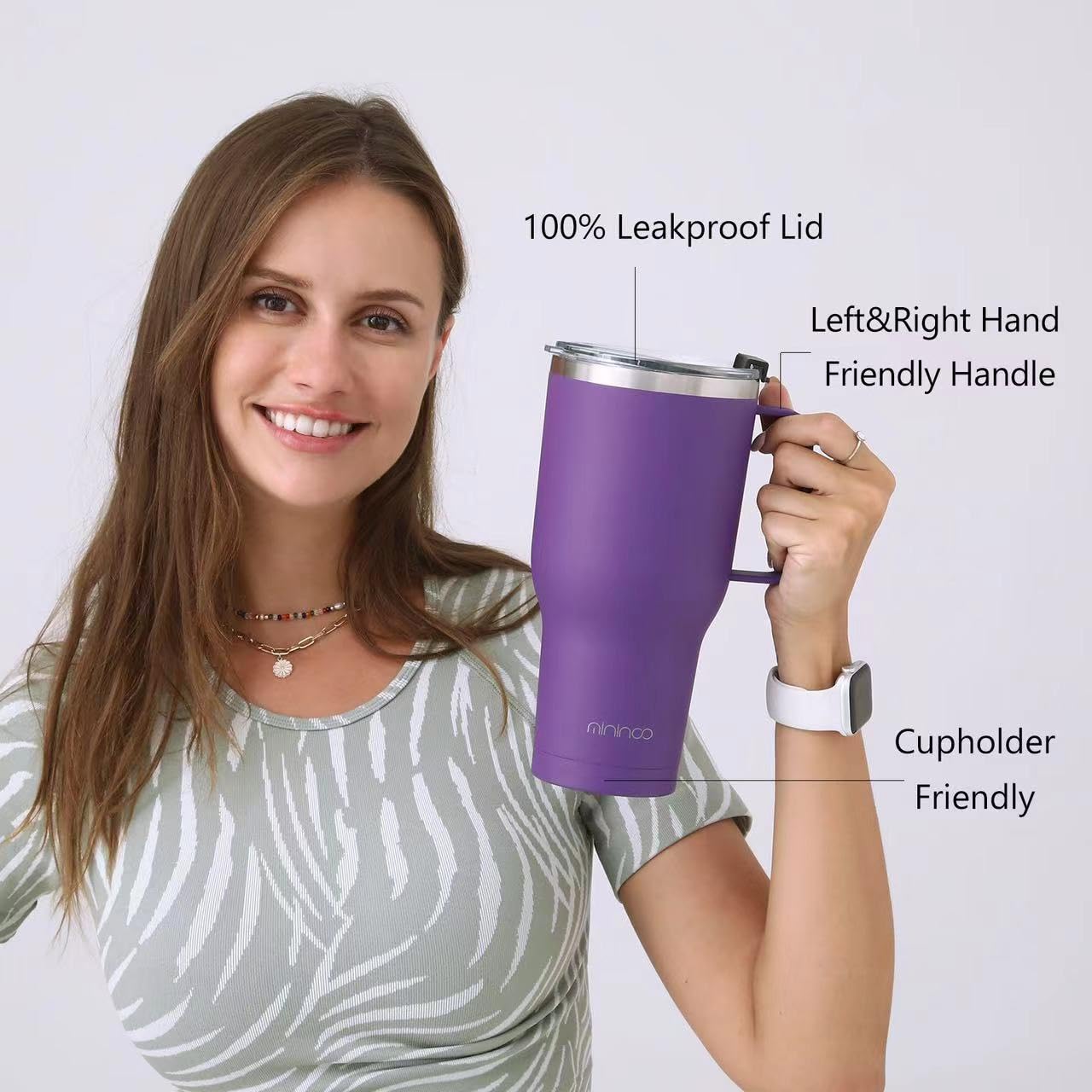 Mininoo 40 Oz Purple Tumbler With Handle And Straw, Cup Holder Friendly Insulated Stainless Steel