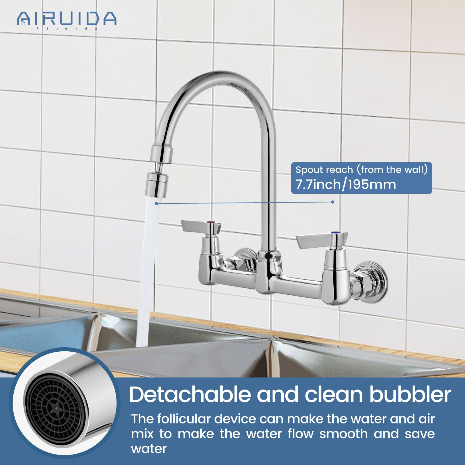 Airuida Wall Mount Kitchen Sink Faucet Wall Mounted Faucet 8 Inches Center Commercial Kink Tap 2 Handle Laundry Room Restaurant Compartment Sink Swivel Spout Without Adapters Chrome Polish