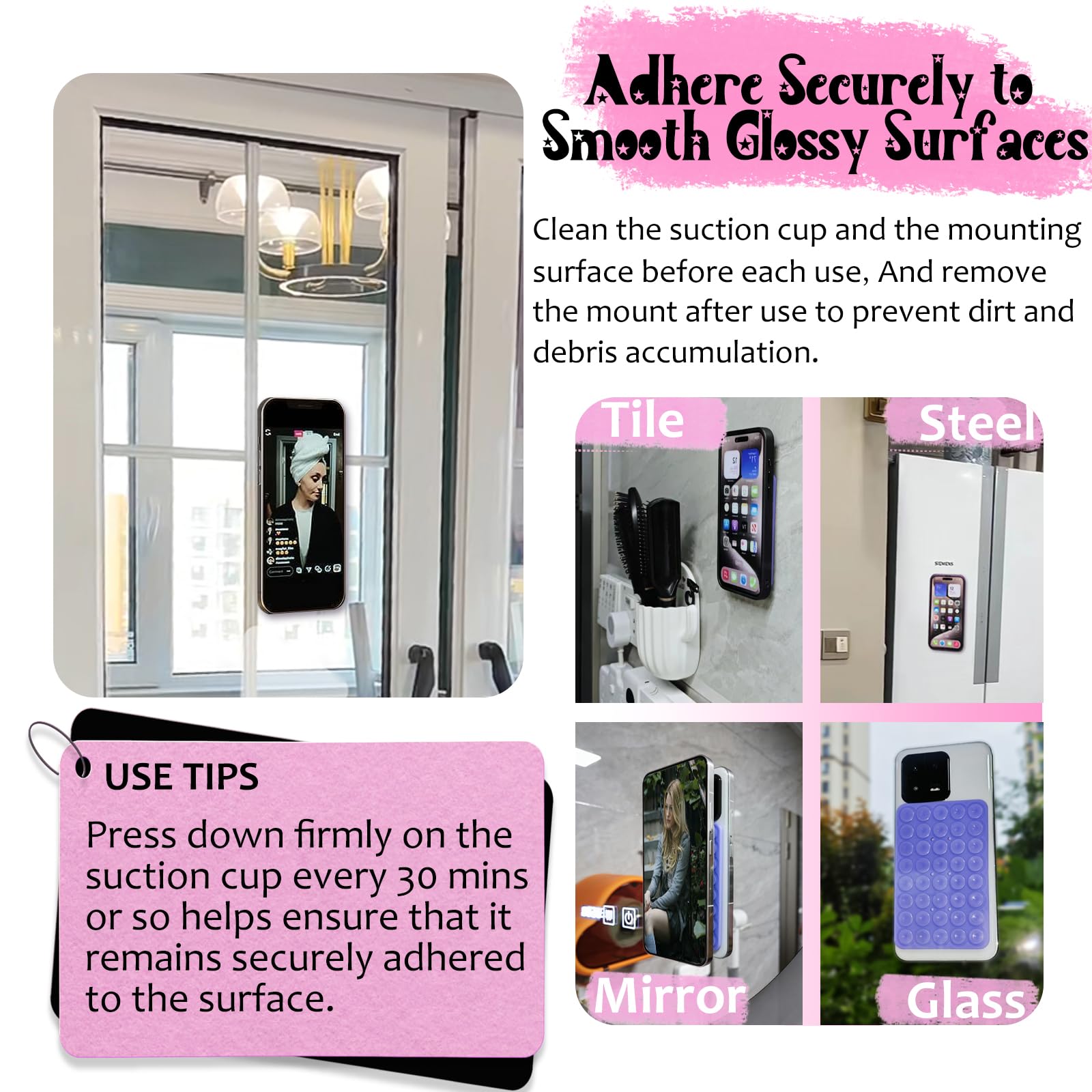 Azxyi 2 Pack Silicone Suction Cup Phone Case Mount Double Sided, Non Slip Phone Accessories For Cellphone, Hands- Strong Grip Silicon Phone Holder For Selfies And Videos (Lightpink&Translucent)