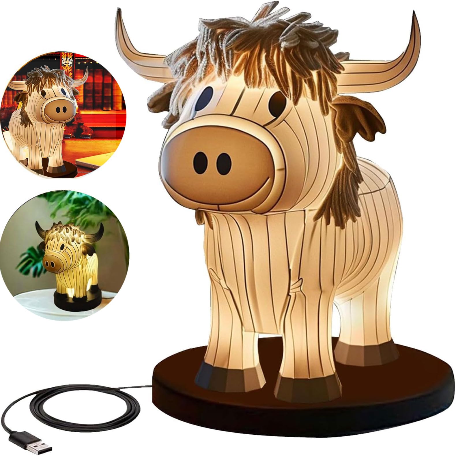 Gutsyluv Highland Cow Resin Table Lamp,Farmhouse Cow Night Light Cute Bedside Lamp,Cute Animal Night Light With Usb Ports For Living Room, Bedroom, And Home Office Decor