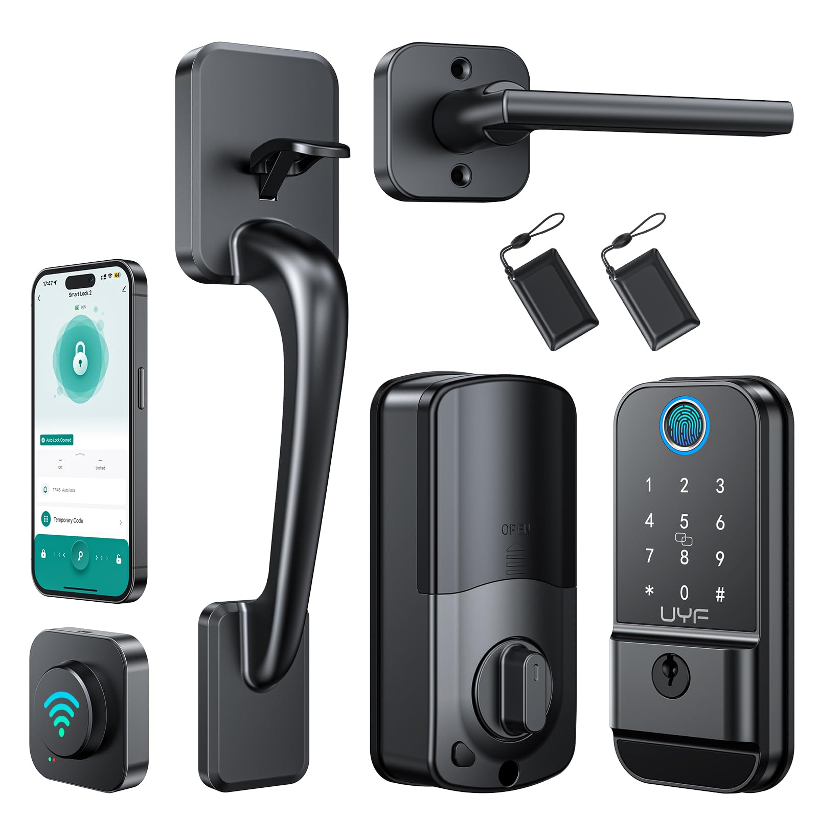 Uyf Wifi Front Door Lock Set: Keyless Entry Door Lock Deadbolt With Handle Set, Smart 360° Biometric Fingerprint Touchscreen Locks, Includes Gateway, Alexa Bluetooth App Control, Aluminum Alloy,Black