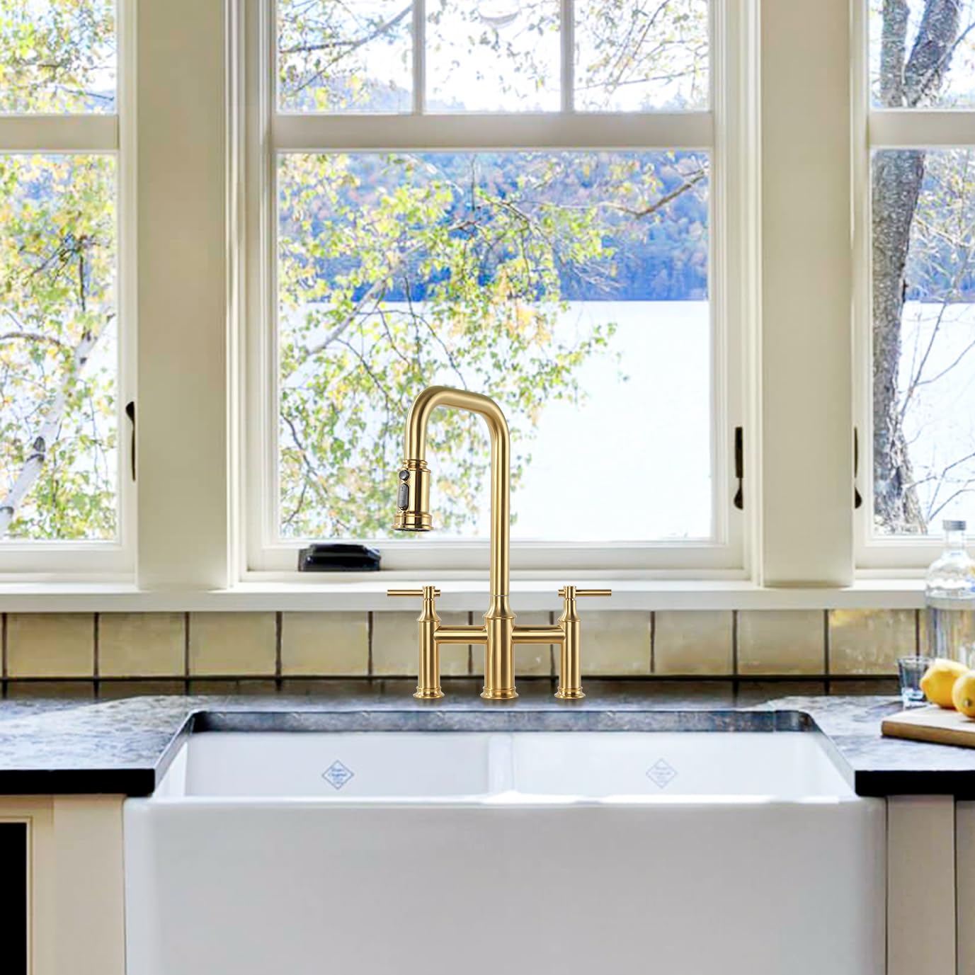Arcora Bridge Kitchen Faucet Brushed Gold: Two Handles 8 Inch Centerset Brass - 3 Holes High Arc With Pull Down Sprayer For Farmhouse, 360 Swivel Spout