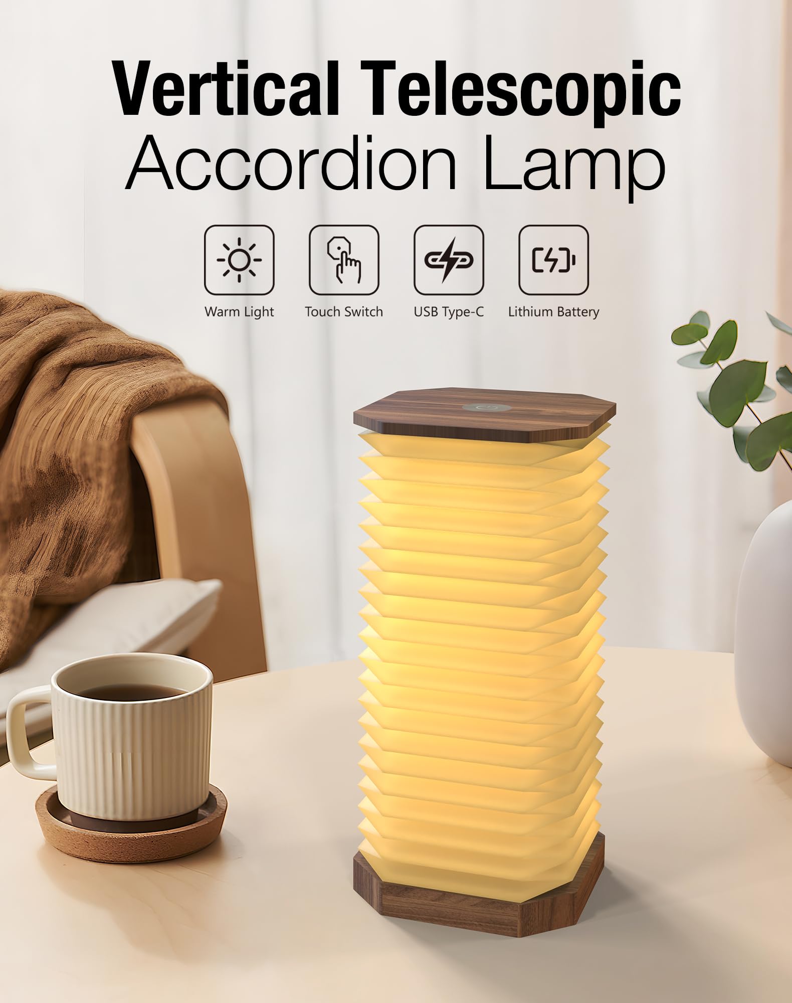 Zbole Vertical Accordion Lamp, Warm Light, Adjustable Height & Brightness, Usb Charging, Ideal For Home Decor & (Walnut)