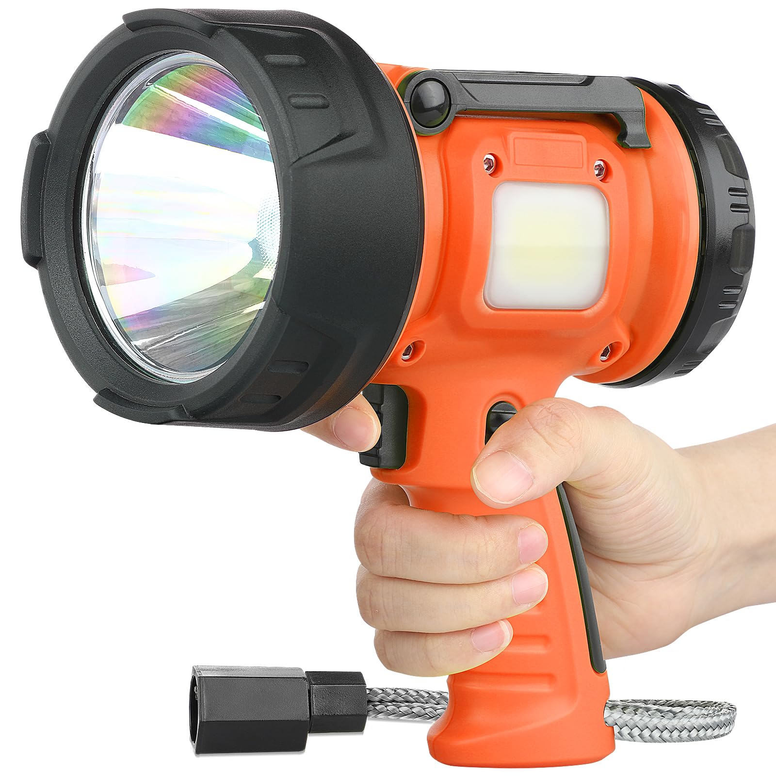 Wenfeng Rechargeable Spotlight Flashlight With 1000,000 Lumen Led, Ip65 Waterproof Searchlight Handheld Work Light With Foldable Stand And Red Lens- Orange