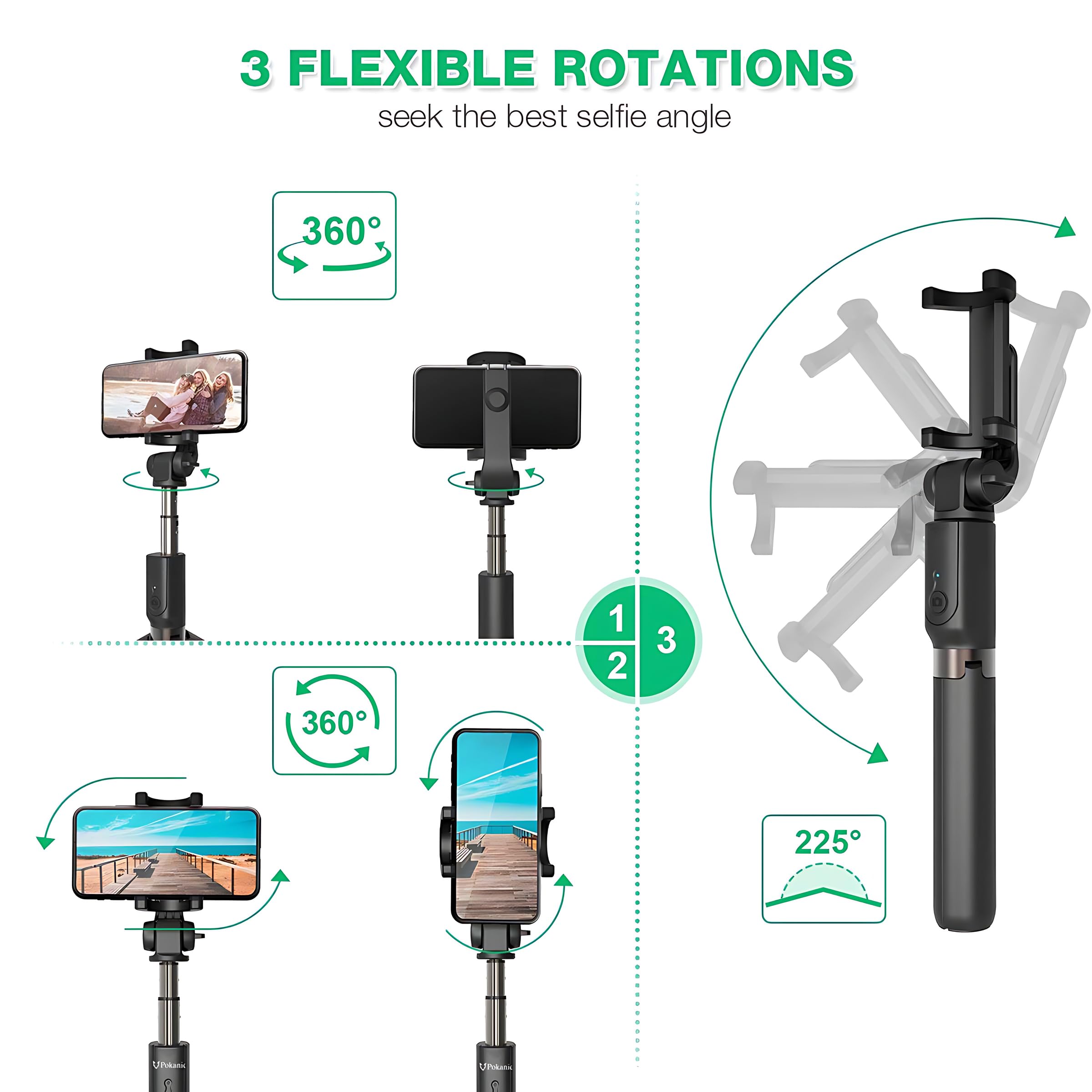 Pokanic Selfie Stick Tripod With Wireless Remote Controller Pouch Extendable Adjustable Stand Mount Light-Weight V-Log Compatible With All Apple Iphone, Samsung Galaxy (Black)