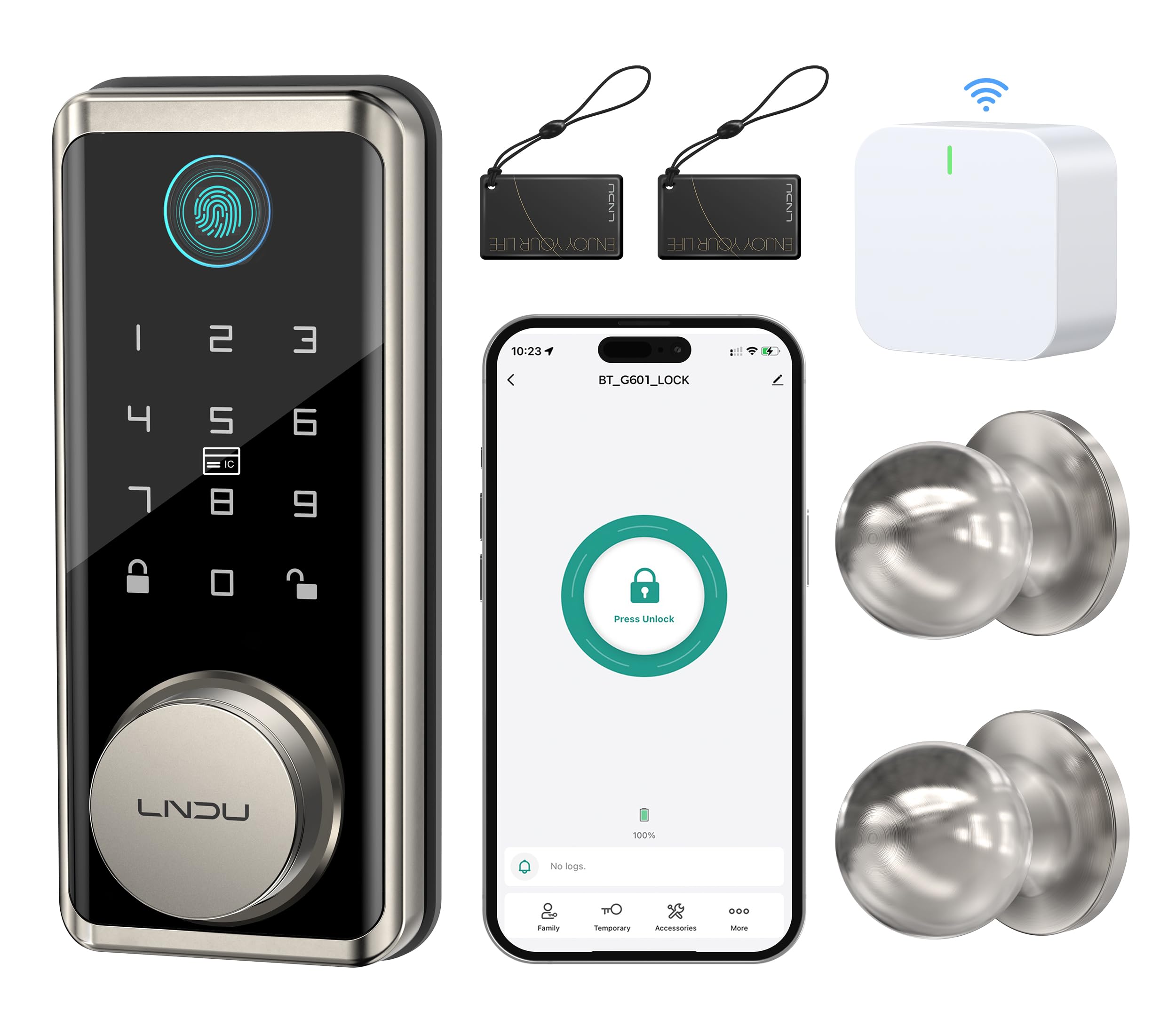 Lndu Wifi Keyless Entry Door Lock Deadbolt With Handle Set: App Remote Control Fingerprint Front Door Lock Set, Smart Deadbolt Locks For Front Door With Gateway Bridge, Fob Unlock, Auto Lock