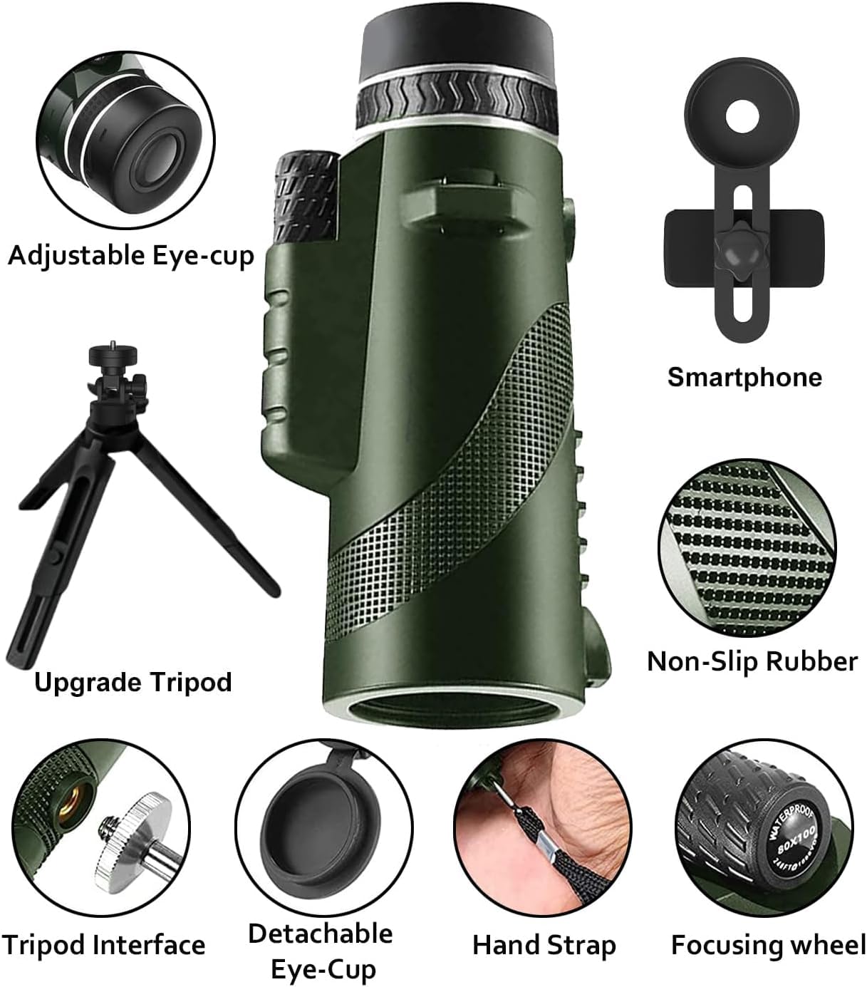 Asxmhgo Monocular-Telescope 80X100 High Powered For Adults Monocular For Smartphone Adapter Telescope Hunting Wildlife Bird Watching Travel Camping Hiking-Green