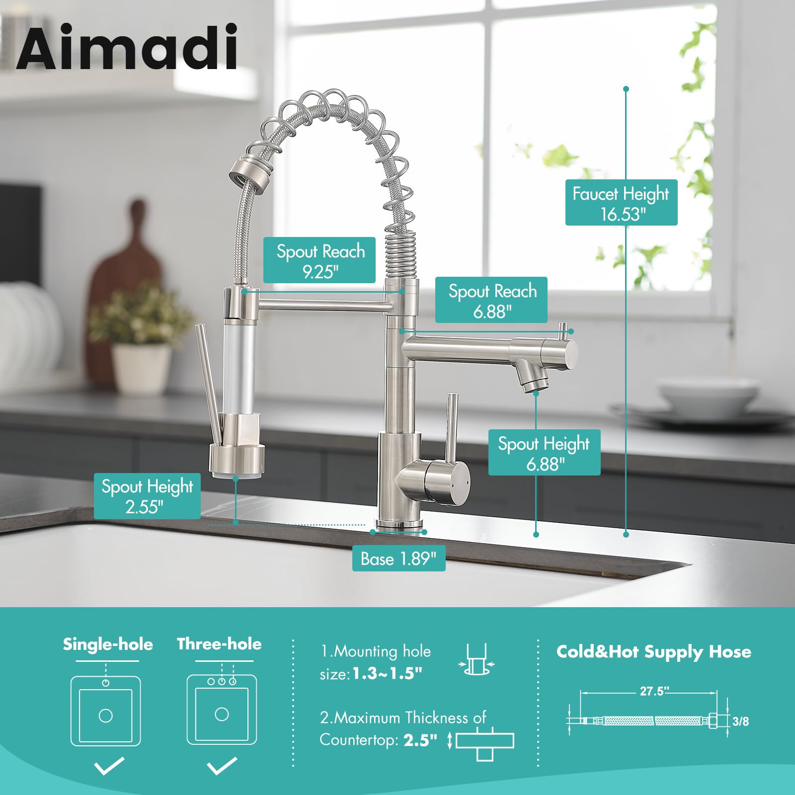 Aimadi Contemporary Kitchen Sink Faucet,Single Handle Stainless Steel Kitchen Faucets With Pull Down Sprayer,Brushed Nickel