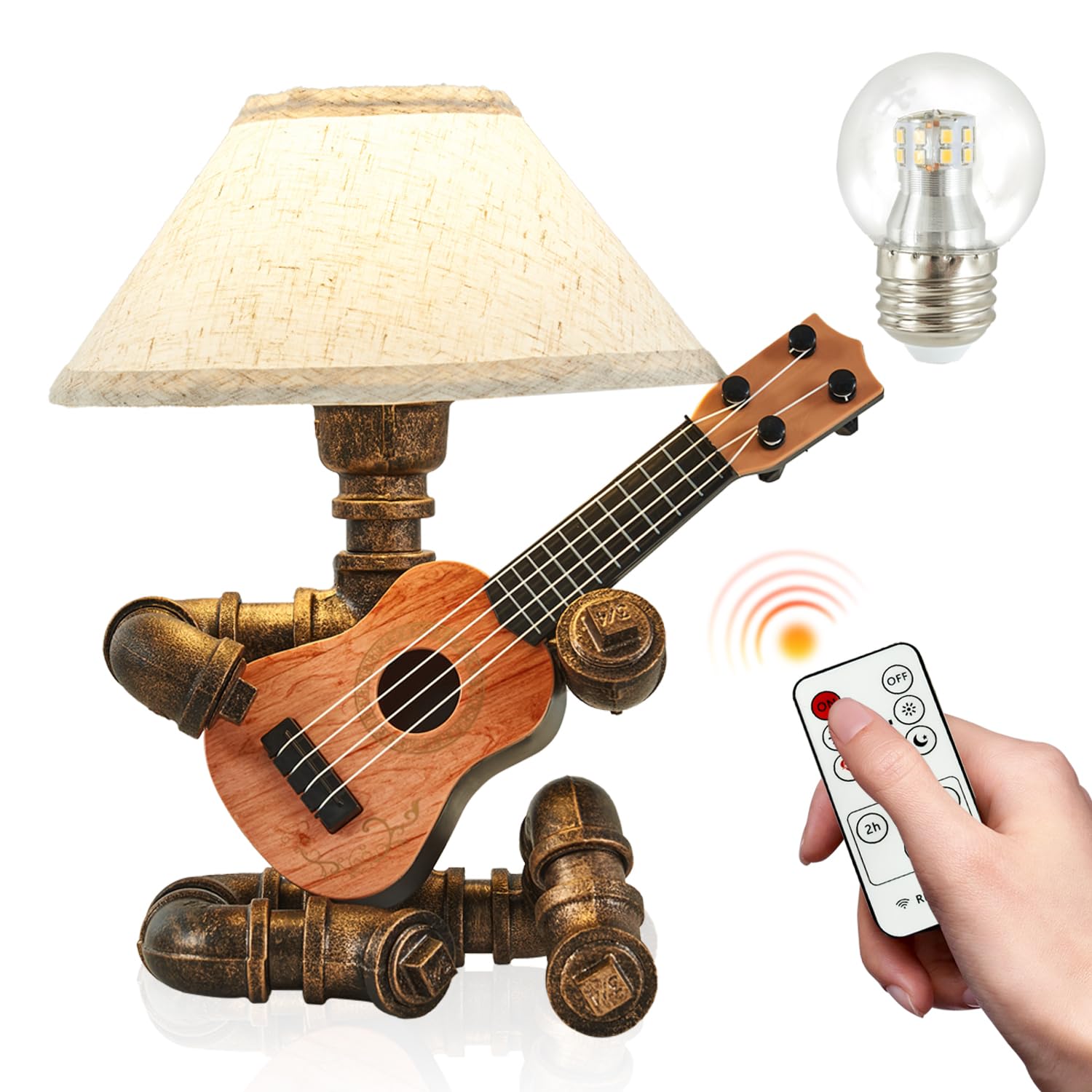 Lovefindahome Vintage Industrial Robot Guitar Table Lamp With Bulb - Remote Control,Timer,Dimmable - Cool For Music Lovers,Men,& Musicians - Steampunk & Retro Style Bronze
