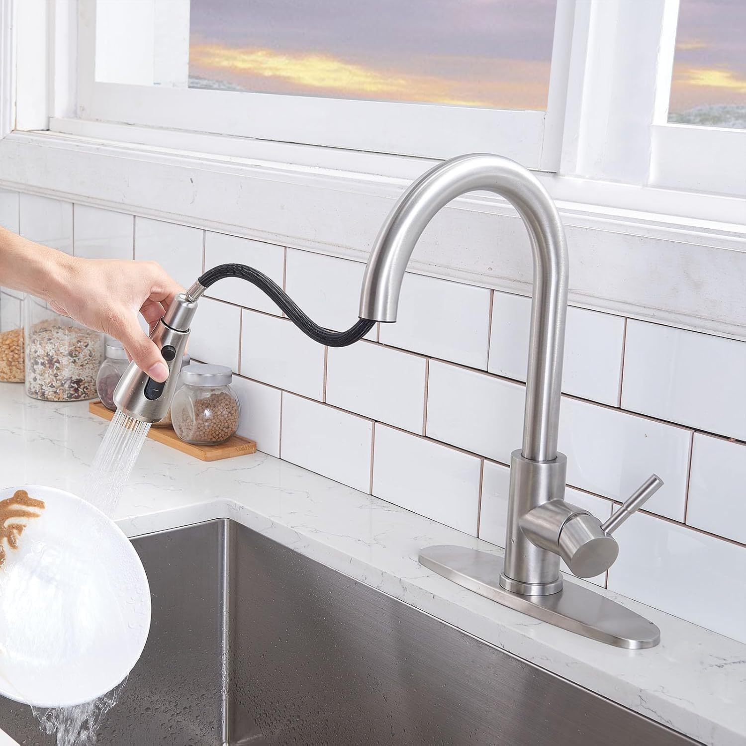 Vc Cucine Vccucine Kitchen Faucet With Pull Down Sprayer, Brushed Nickel Faucet For Kitchen Sink, Small High Arc Rv Stainless Steel Single Handle Pull Out Kitchen Sink Faucet