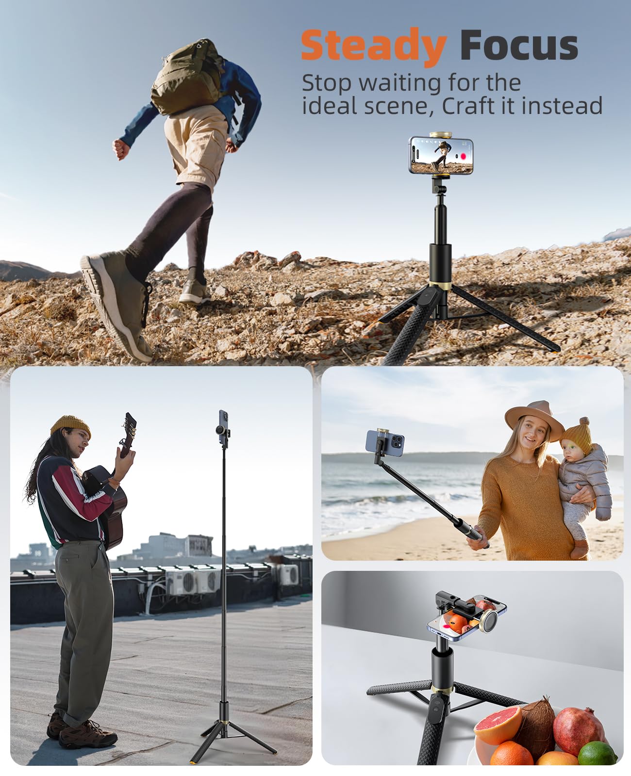 Vimose Cell Phone Tripod Stand 62", Extendable Selfie Stick With Bluetooth Remote For Iphone And Android