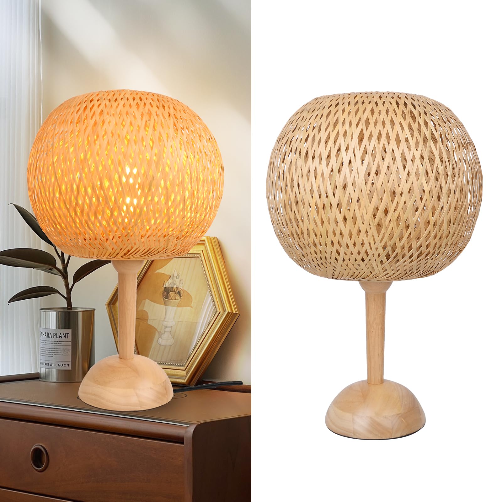 Arturesthome Handmade Bamboo Beside Lamp,Big Boho Table Lamp Wicker Desk Lamp Vintage Wooden Nightstand Lamp For Bedroom,Kids Room,Nursery Room Decor