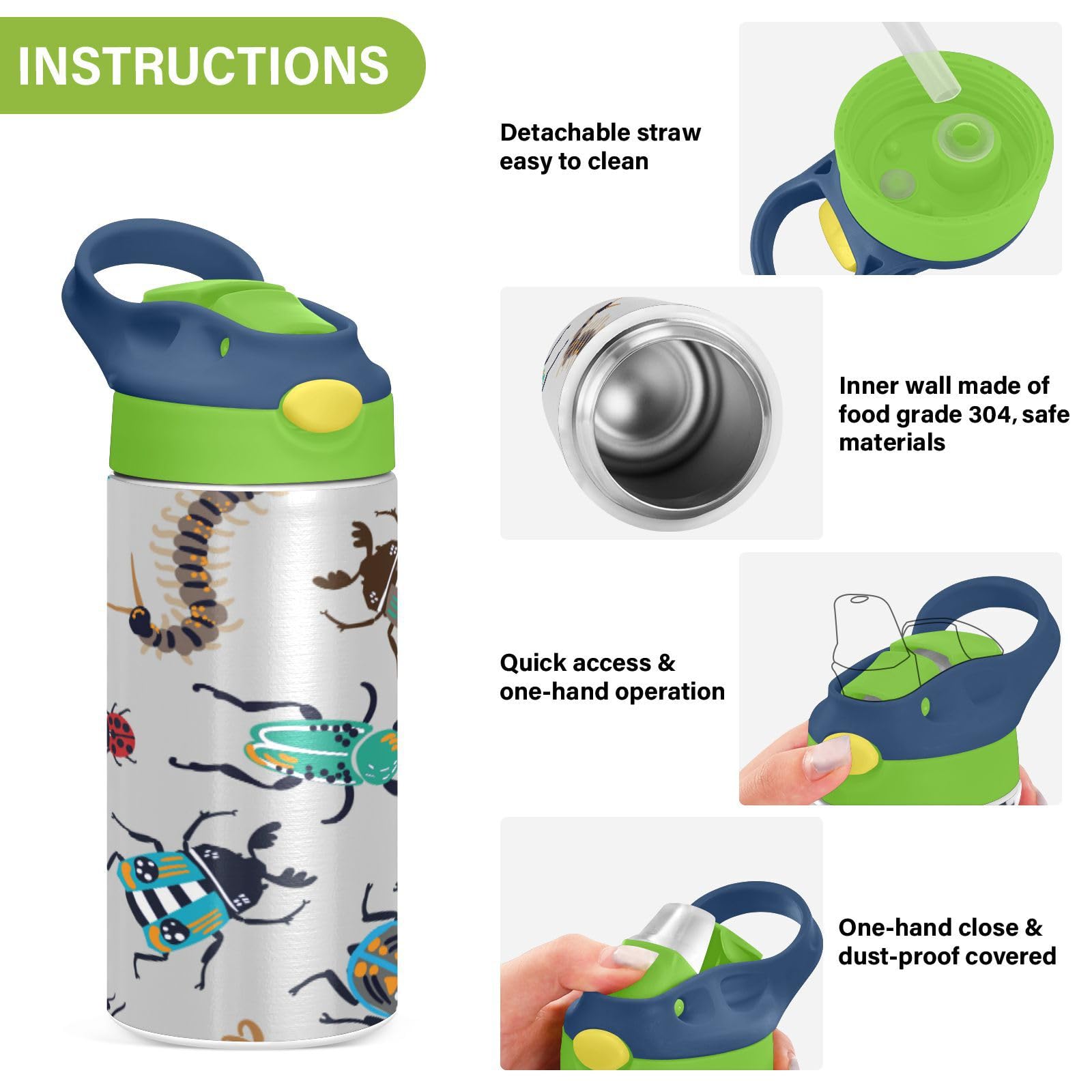 Kids Water Bottle Bright Bugs Insulated Water Bottle With Straw 12Oz Stainless Steel Double Walled
