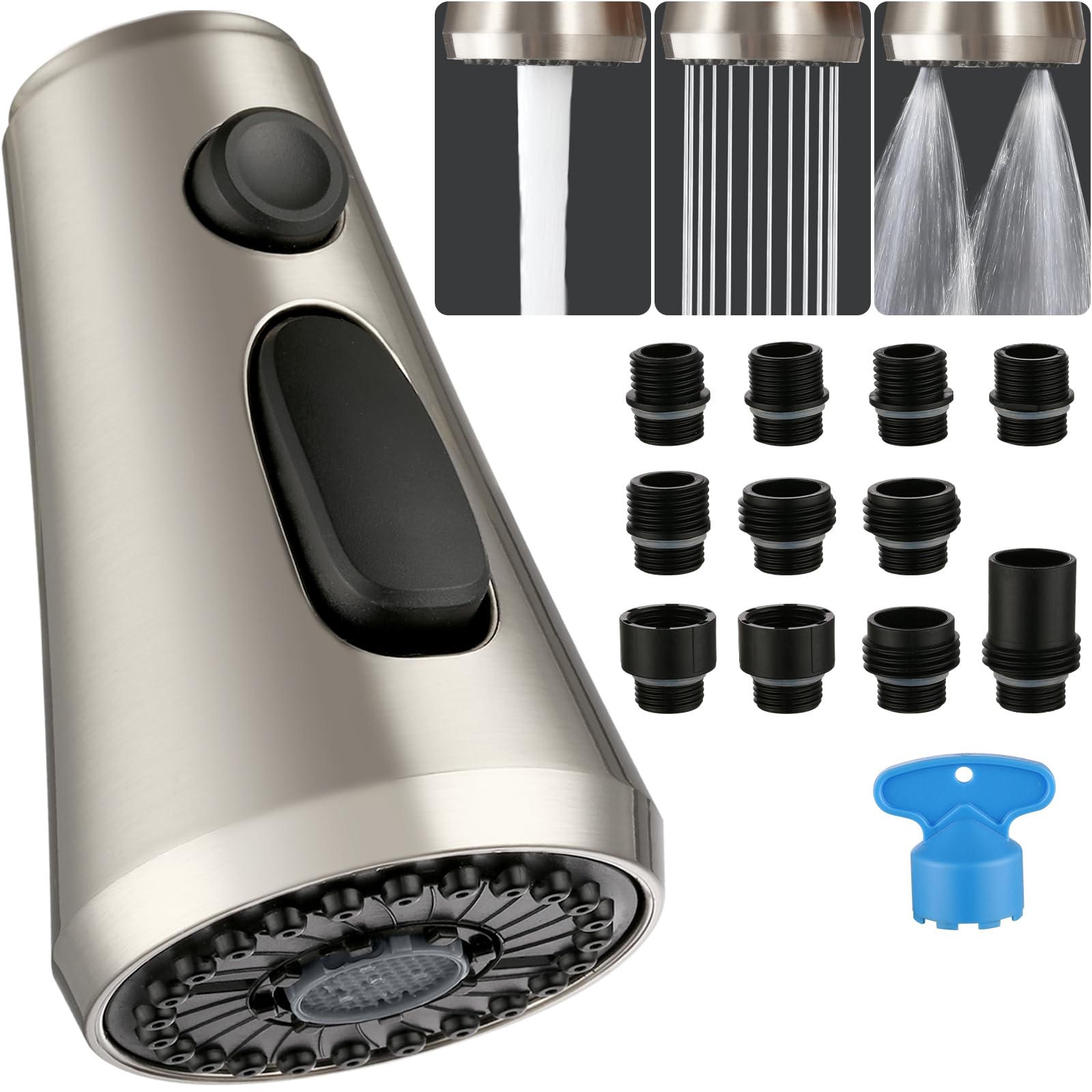 Chiataoma Pull Down Kitchen Faucet Head Replacement - 3 Function Pull Down Spray Head, Sink Faucet Head, Faucet Sprayer Nozzle With 11 Adapters, Compatible With Delta, Kohler, American Standard, Moen