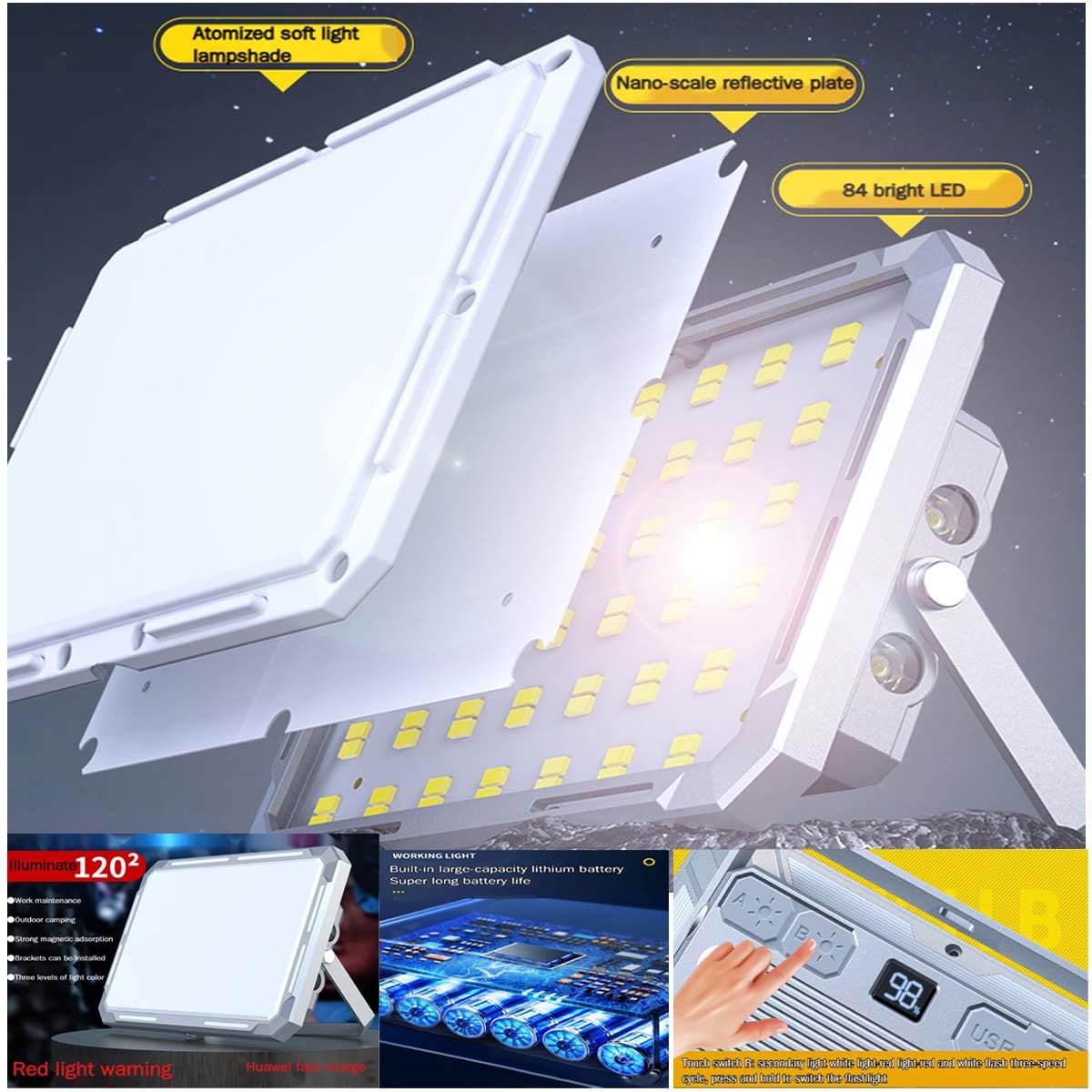 Helinyan Outdoor Multifunctional Led Work Light, Rechargeable Usb Camping Flashlight,7 Mode Xpe Progressive Dimming White Warm Red Power Display Hand Lighting For Camping, Maintenance,Fishing,Hiking.