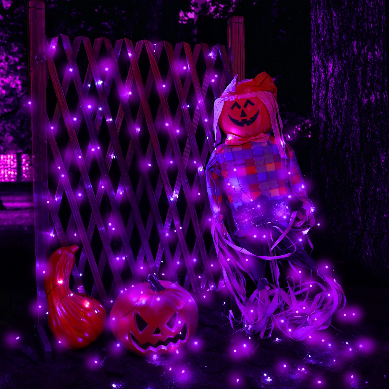 Lomotech 2 Pack Solar Halloween Lights, Total 66Ft 200Led Purple Halloween Fairy Lights Waterproof 8 Modes Twinkle Lights Outdoor For Halloween Party Diy Decoration Black Wire