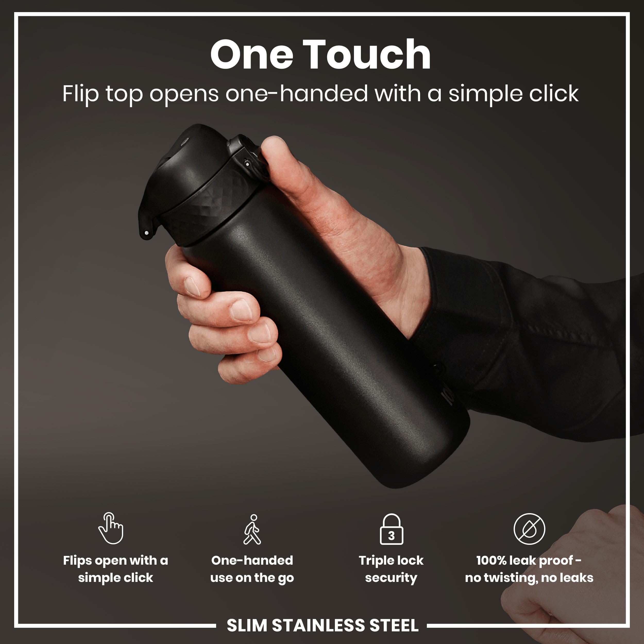 Ion8 Steel Water Bottle, 600 Ml/20 Oz, Leak Proof, Easy To Open, Secure Lock, Dishwasher Safe