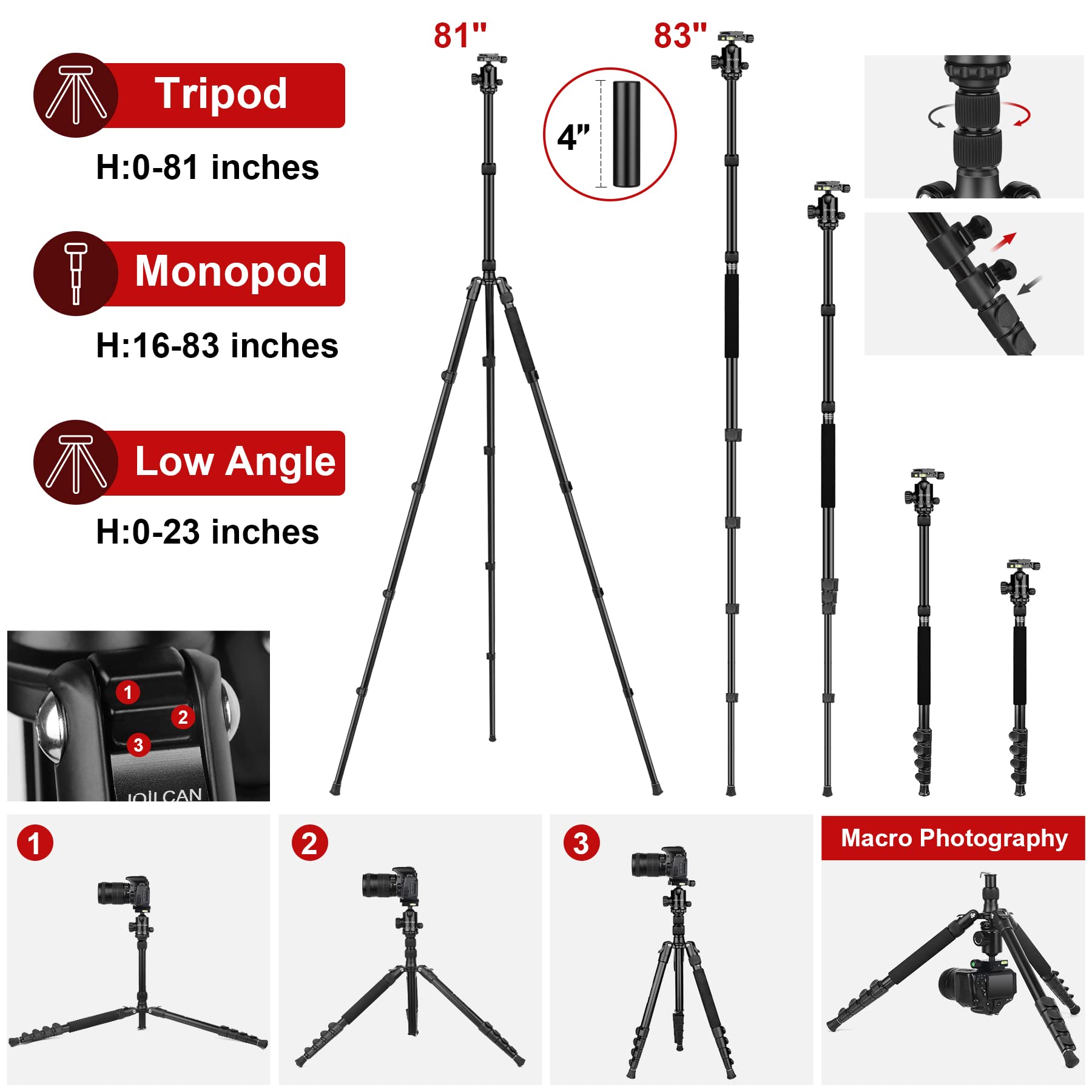 Joilcan Tripod For Camera, 81" Camera Tripod Stand, 83 Inches Dslr Tripods & Monopods, Heavy Duty Travel Tripod For Binoculars Laser Level Spotting Scope Telescope, Payload 35Lb