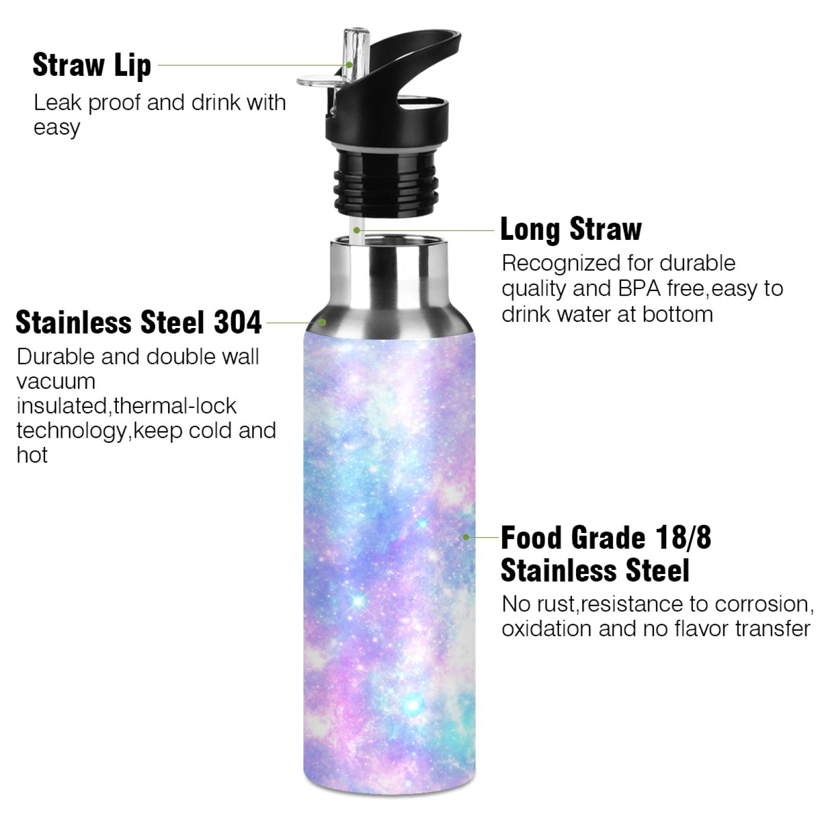Galaxy Rainbow Star Tie Dye Sport Water Bottle With Straw, Vacuum Insulated Stainless Steel Thermal