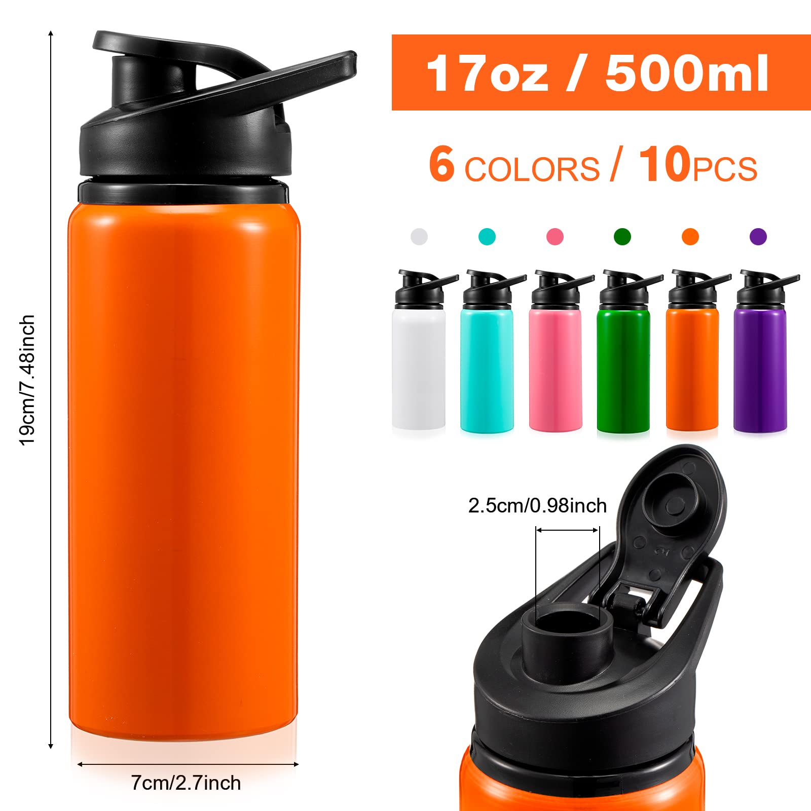 10 Pcs Aluminum Water Bottle 17 Oz Reusable Bike Snap Lid Metal Water Bottle Lightweight Portable