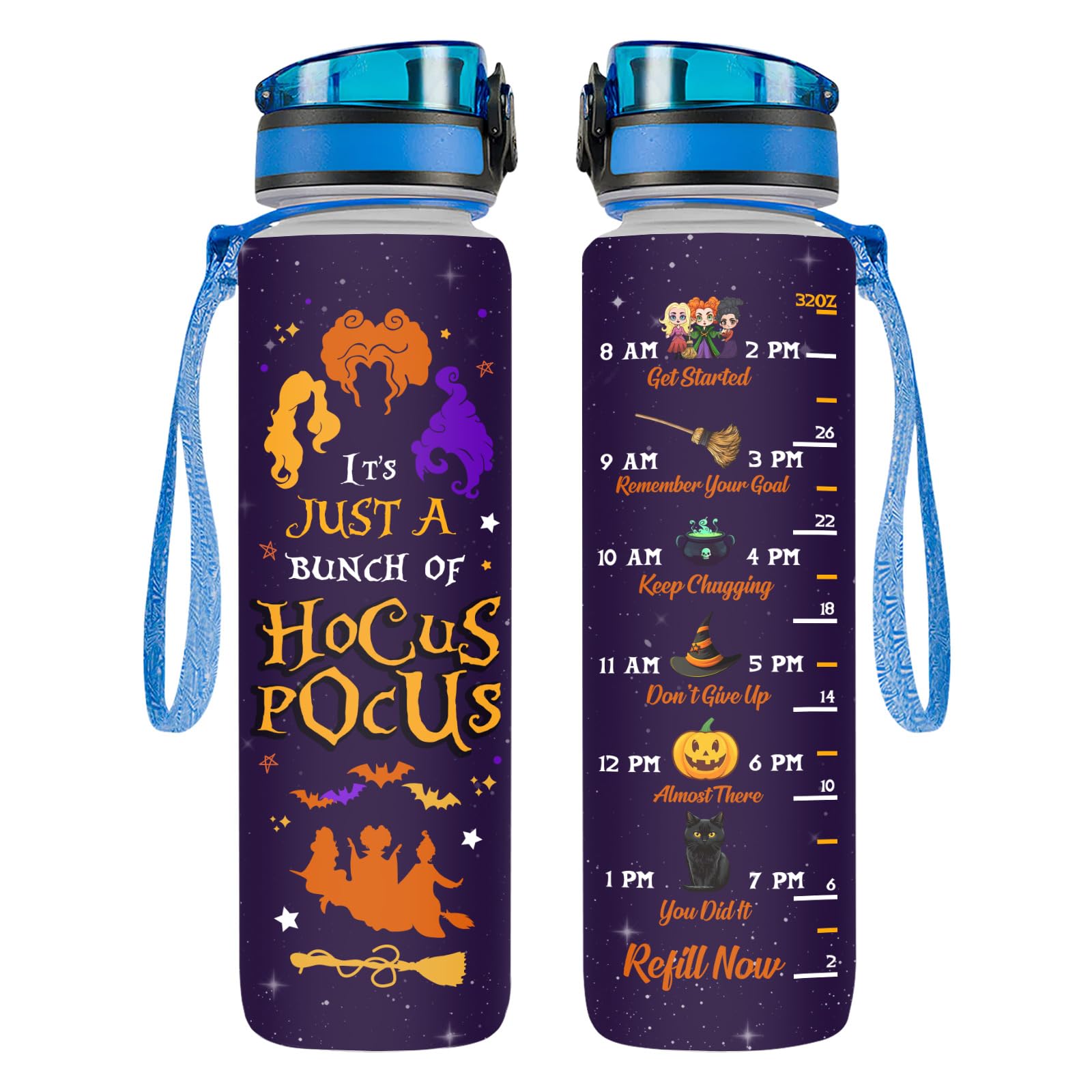 Hocus 32 Oz Water Track Bottle, Witch Water Bottle With Time Marker, Movie Characters Motivational