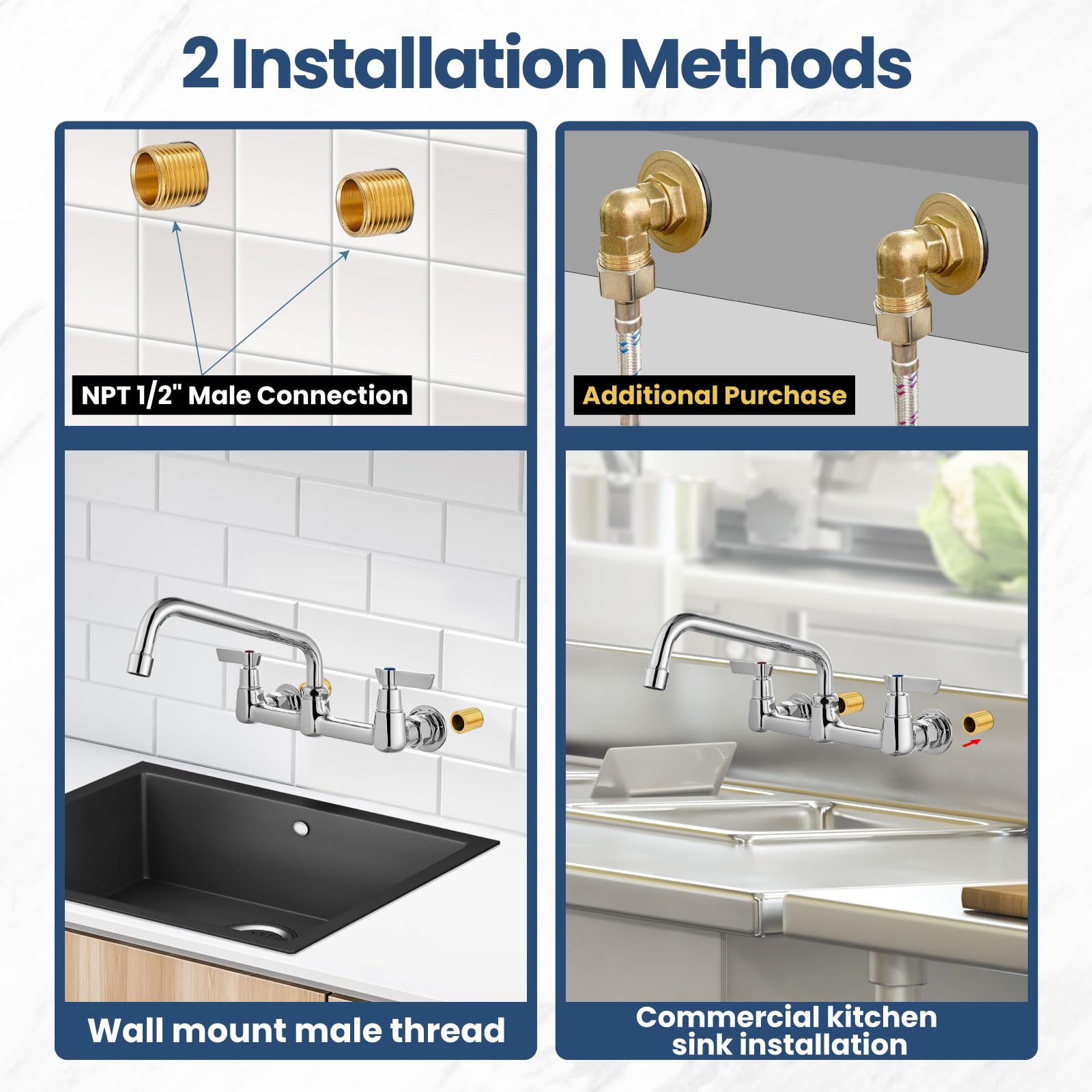 Airuida Chrome Polish Wall Mount Kitchen Sink Faucet Commercial Sink Faucet 8 Inch Center Kitchen Tap Restaurant Mixer For Laundry Room With 2 Hole Double Handles 360 Rotatable 8 Inches Swivel Spout