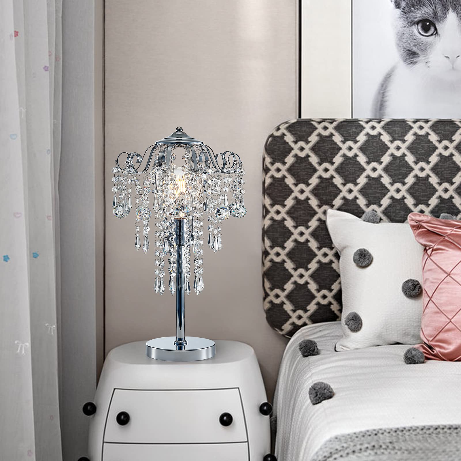 Meixisue Modern Table Lamp Chrome Metal And Clear Crystal Bedside Table Lamp End Table Lamp Nightstand Lamp For Bedroom Living Room Office Desk H20.4'' W11.81'' 1-Light E26