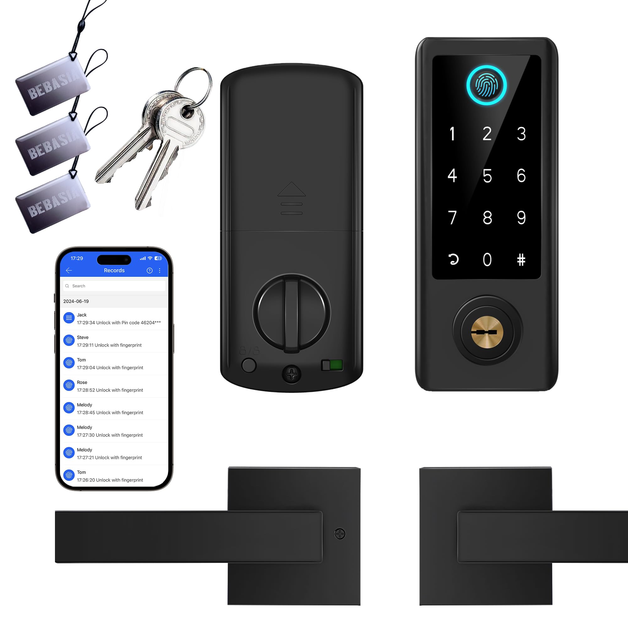 Bebasia Smart Fingerprint Door Lock With Handle Set, Full App Control, Electronic Digital Touchscreen Keypad, Deadbolt Smart Locks For Front Door, Auto Lock, Black