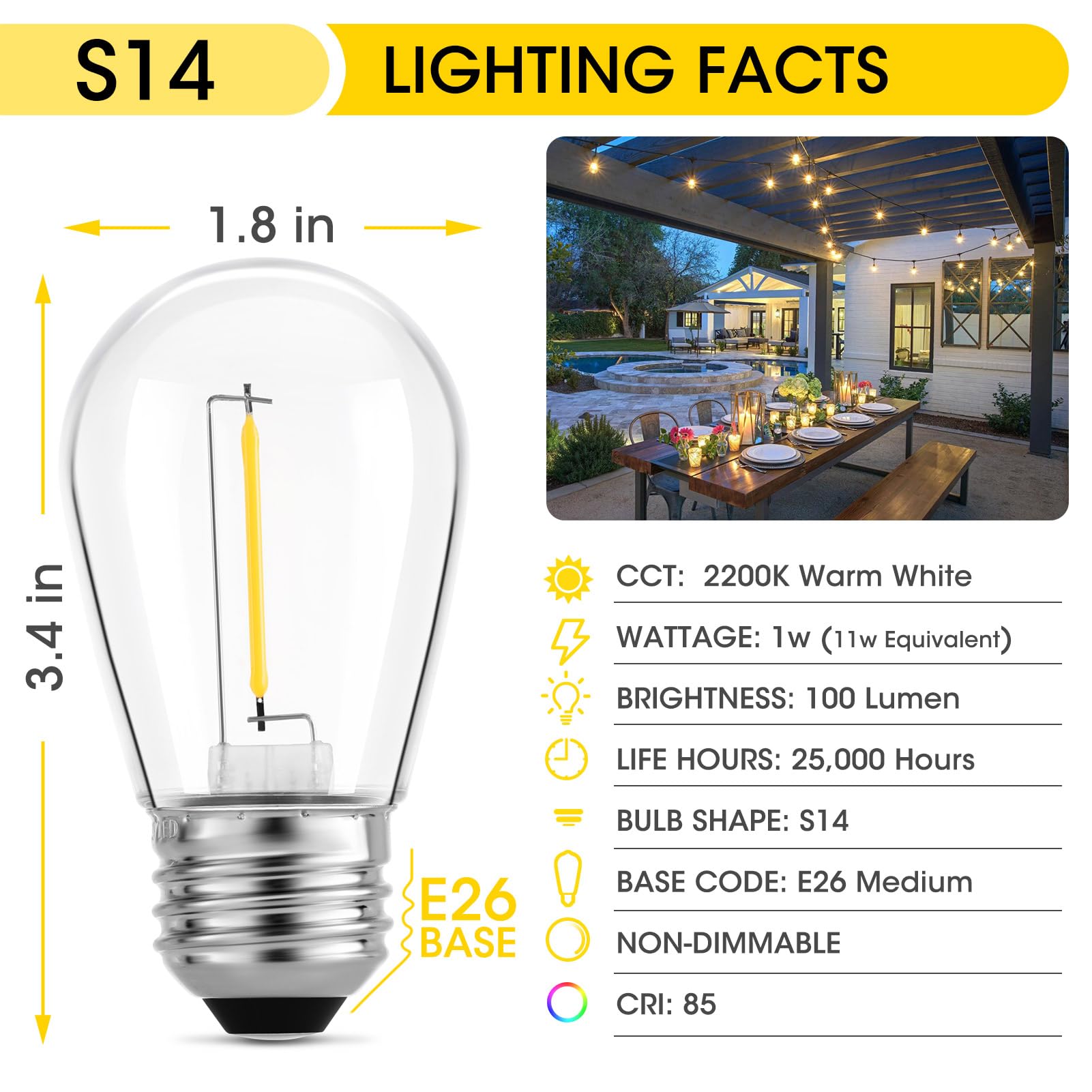 Meconard 24-Pack Led 1W String Light Bulbs, S14 Plastic Shatterproof Edison Vintage Style Replacement 1 Watt Outdoor Light Bulbs 2200K, Waterproof, Warm White Equivalent To 11W, E26 Base