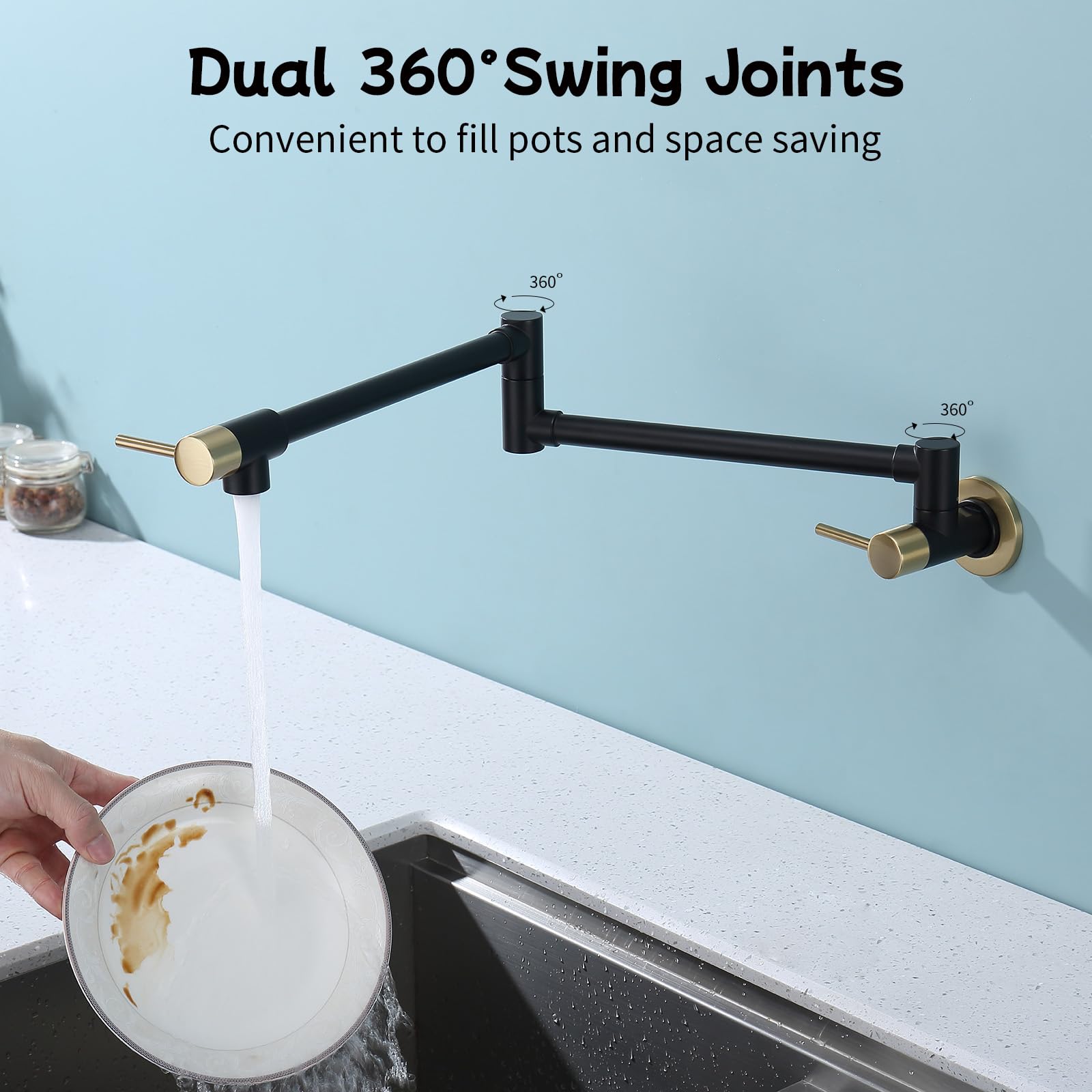 Kmeino Brass Pot Filler Faucet Black And Gold, Wall Mount Folding Kitchen Faucet With Double Joint Swing Arms, Brushed Gold Pot Filler Faucet