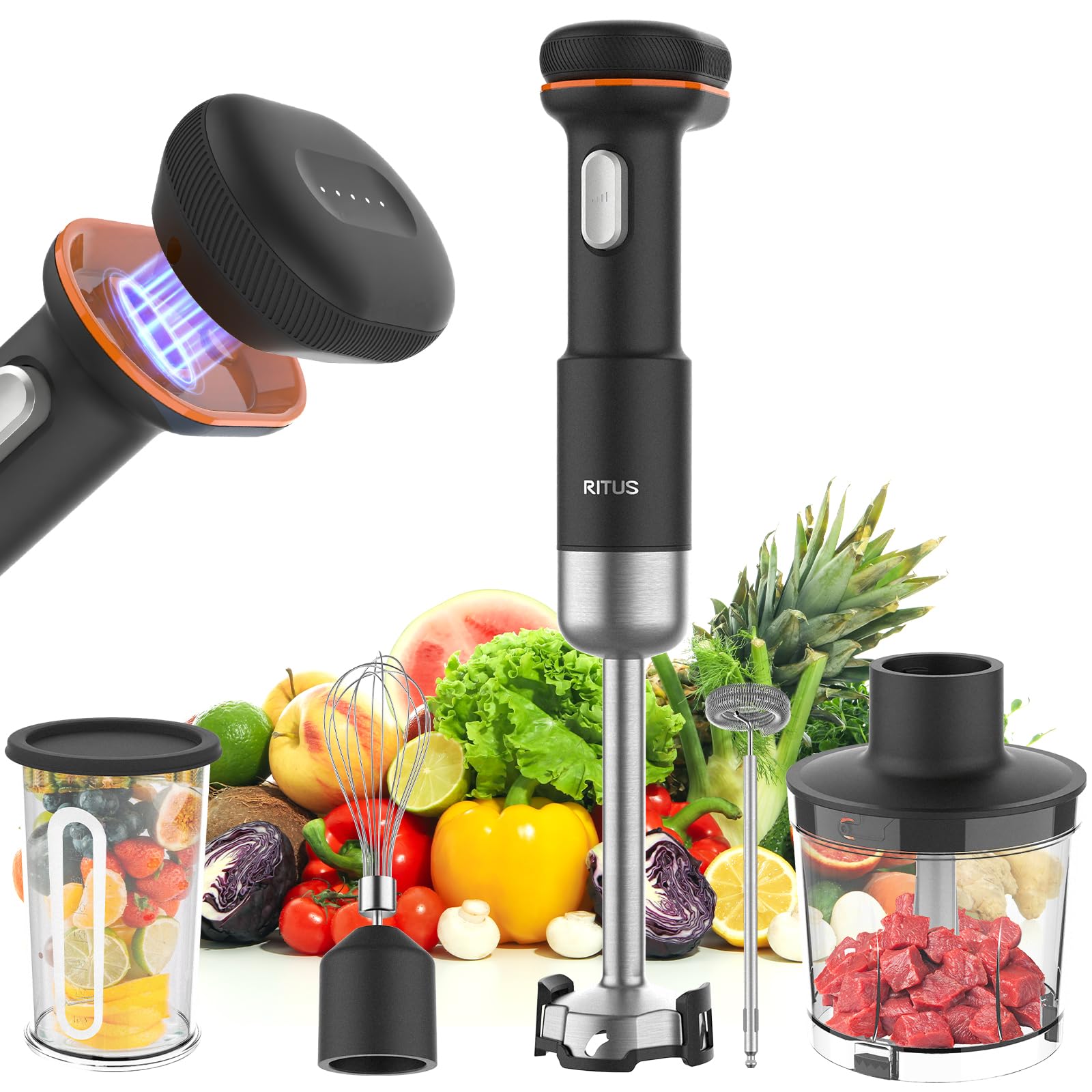 Ritus Cordless Stick Immersion Blender 5-In-1, 13000Rpm Soup Blender Rechargeable Handheld Mixer For Baby Food & Smoothies, Variable Speed, Dishwasher-Safe, Mixing Beaker, Chopper, Whisk Milk Frother