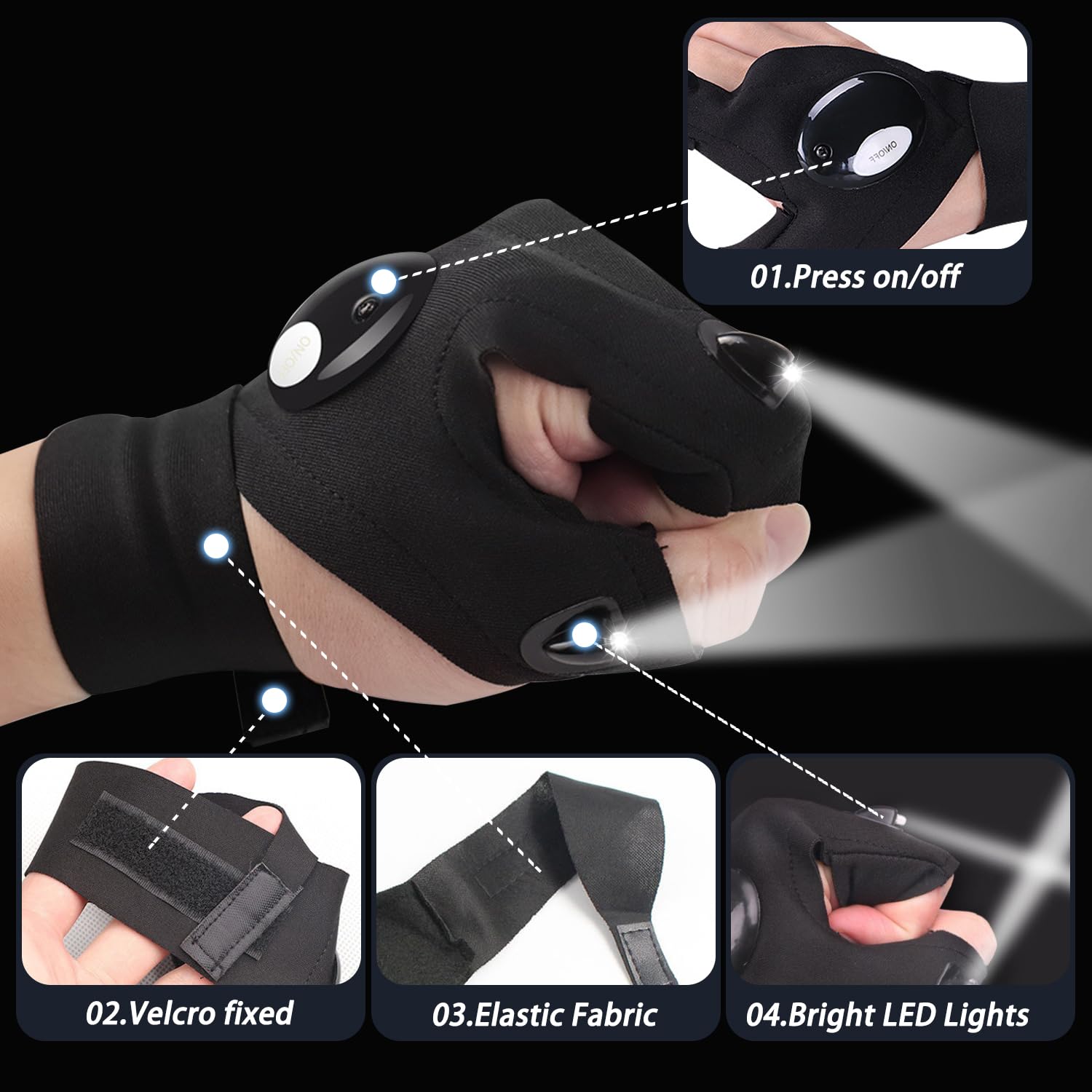 Tukywan Led Flashlight Gloves,Stocking Stuffers  For Men Dad Him, Cool Gadgets Hands- Lights Tools Waterproof Lighted Gloves For Camping Fishing Repairing