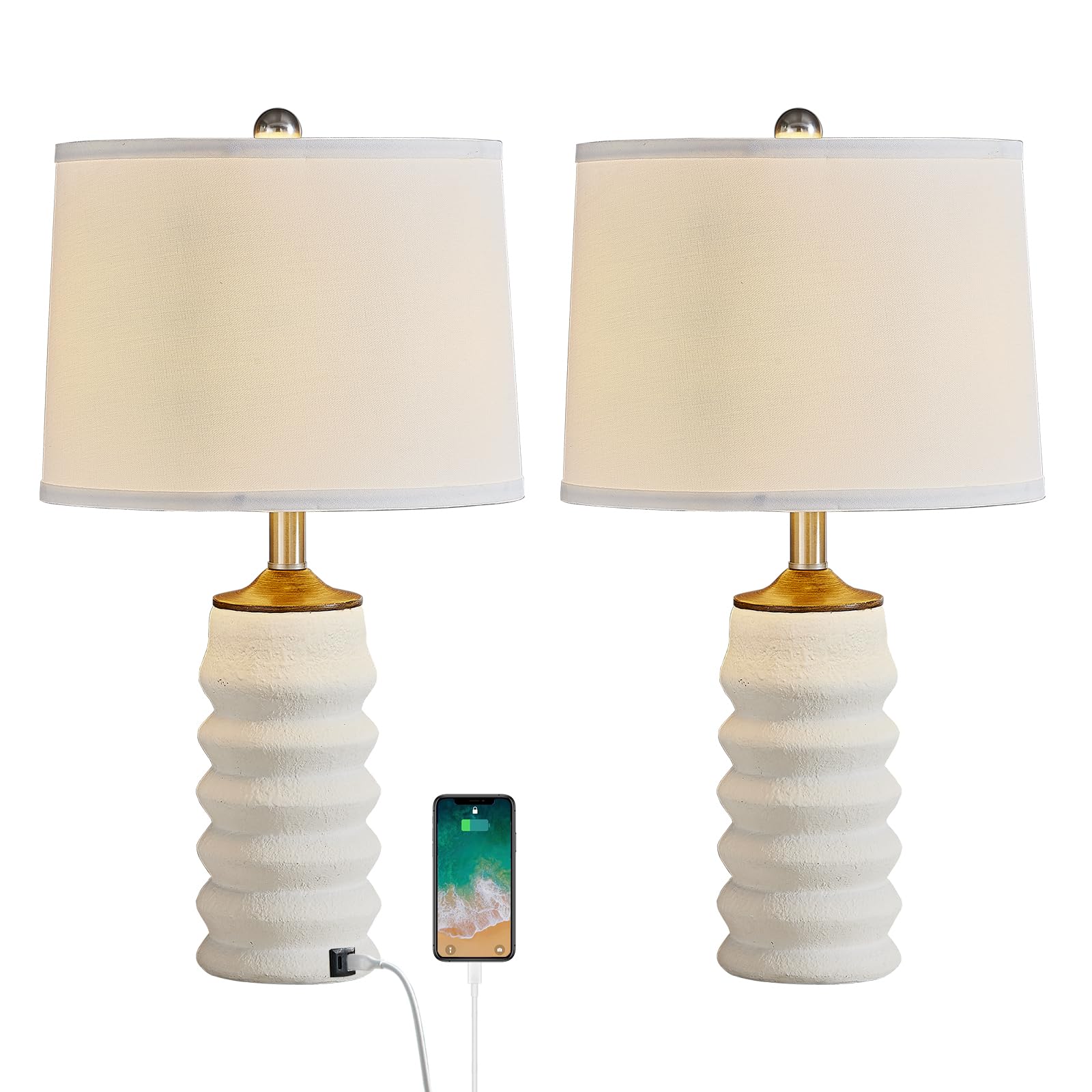Hightry Set Of 2 White Table Lamps For Living Room, 23" Farmhouse Resin Bedside Lamps With Usb Port, 3 Way Dimmable Bedroom Table Lamps With White Shade For Living Room, Office