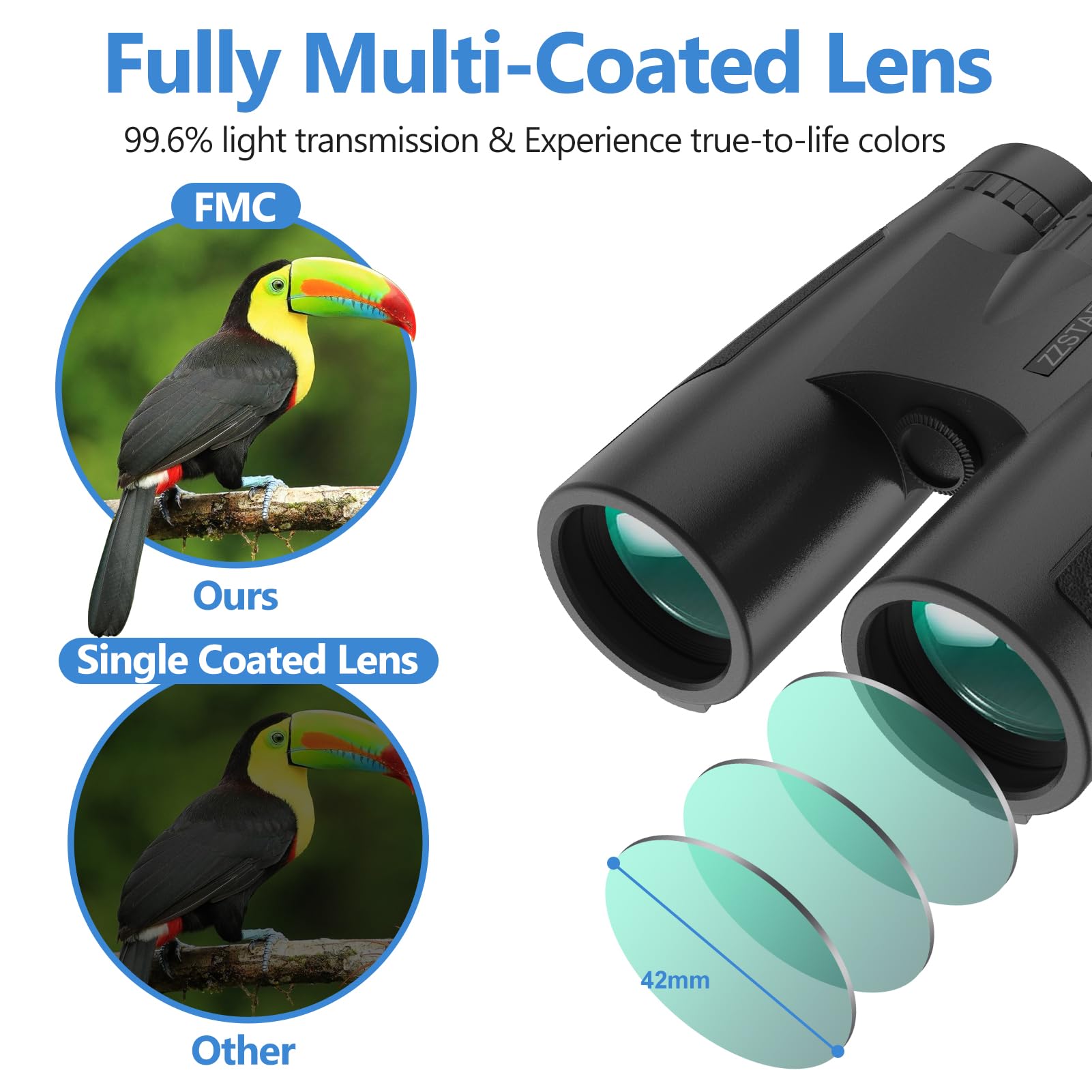 Zzstar 12X42 Binoculars For Adults High Powered, Professional Hd Binoculars With Clear Low Light Vision, Large View, Waterproof, For Bird Watching Hunting Hiking Travel Football Game
