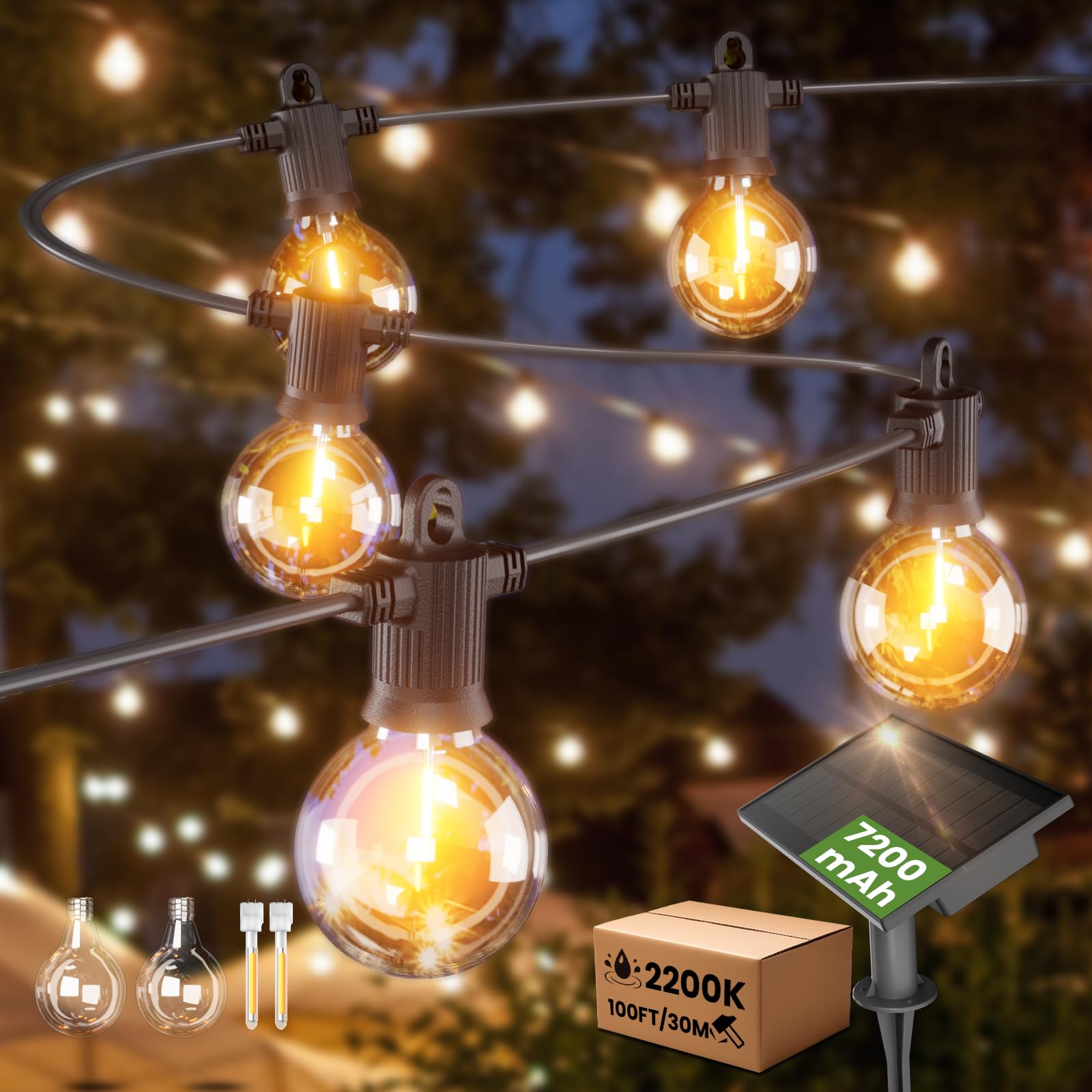 Zotoyi Solar String Lights Outdoor Waterproof Ip65 100Ft With Usb Port And 50+2 Shatterproof G40 Bulbs, Up To 8-12 Hours For Using, Led Solar Powered Patio Lights For Outside, Patio, Porch, 2200K