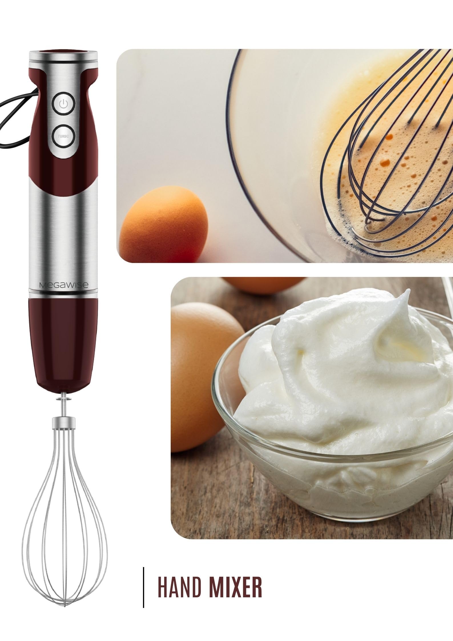 Megawise 3- In-1 Immersion Hand Blender, Powerful Motor & Stainless Steel Stick Blender, 4 Sharpe Blades With Whisk, Milk Frother Attachments