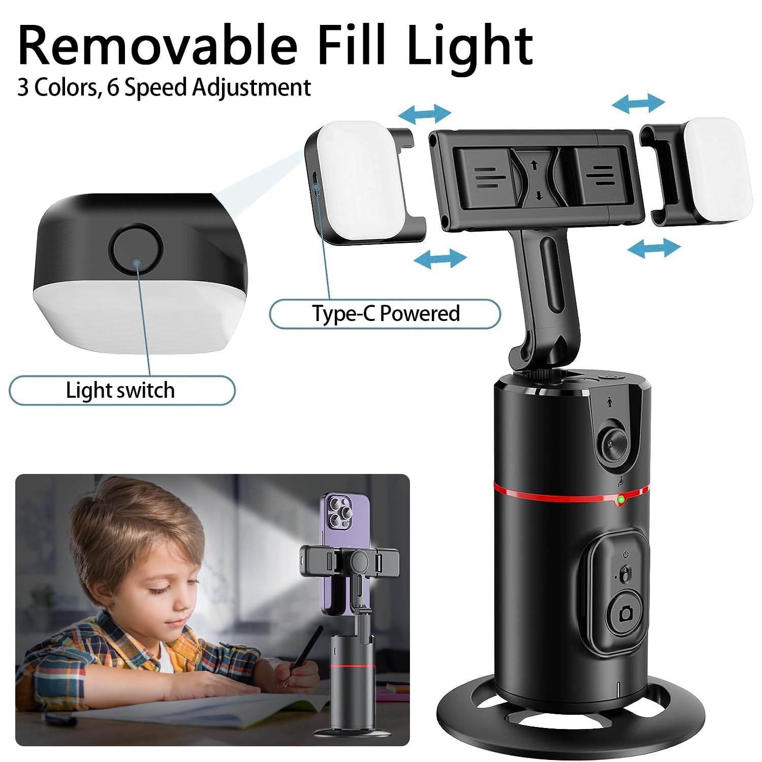 Afarer Auto Face Tracking Phone Mount With Fill Light, 360° Rotating Smart Tracking Tripod For Tiktok Live Streaming & Vlog, Smart Shooting Camera Mount For Iphone,No App Required.