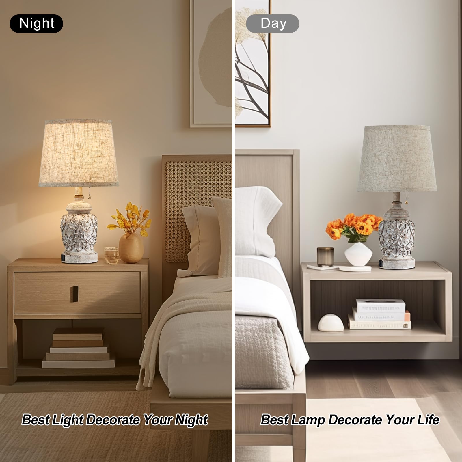 Fullarge 19.5" Vintage Rustic Table Lamp Set Of 2 Farmhouse Table Lamps For Living Room Bedroom Decor With Usb Ports Traditional Carved Floral White Bedside Night Light Lamps With Pull Chain Switch