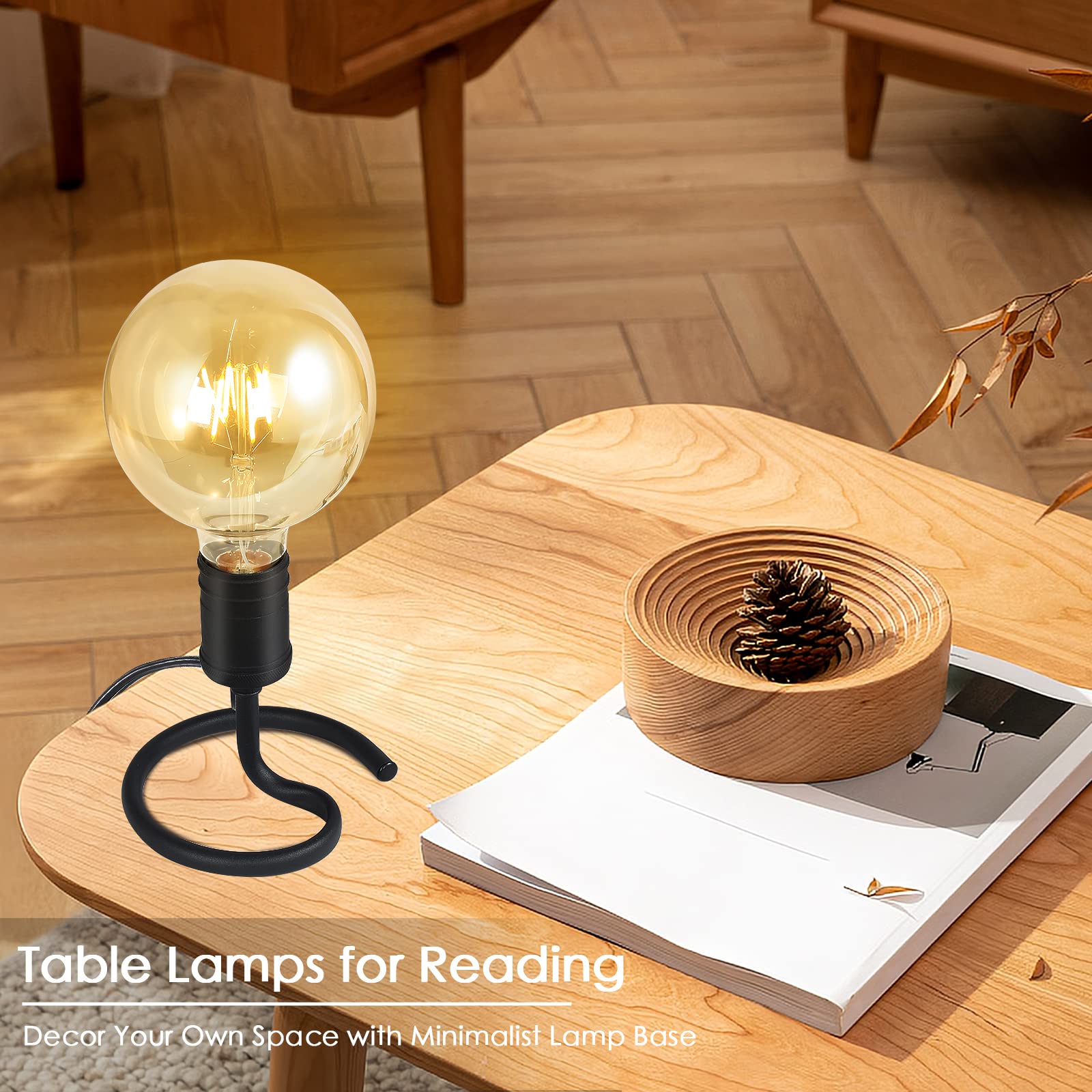 Bricosmocon Small Table Lamps For Bedroom Set Of 2, E26 Edison Desk Industrial Lamp Base Holder With Plug, Modern Black Metal Lamp, Cute Night Table Lamp For Nightstand, Bedside, Office, Living Room(No Bulbs)