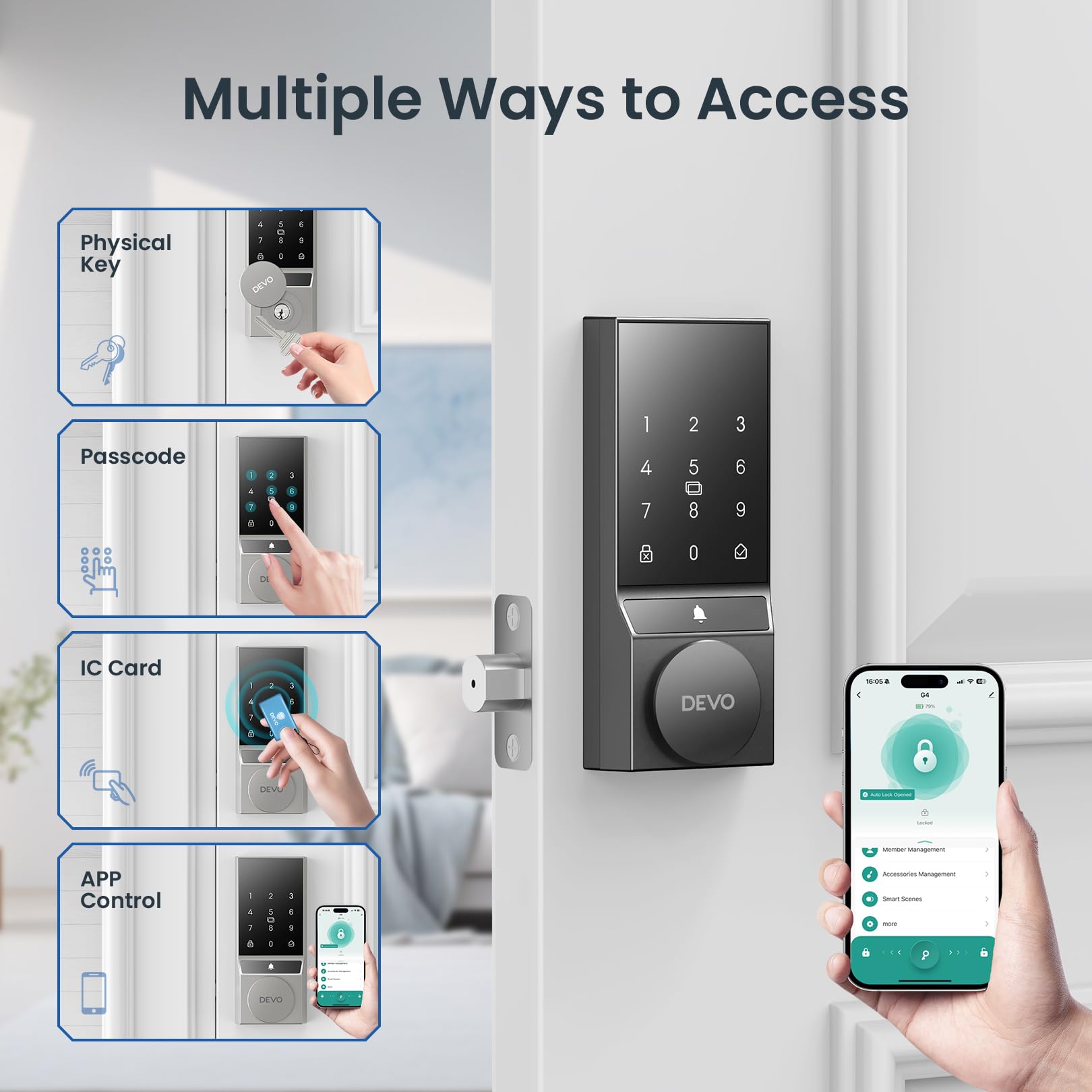 Devo G4 Smart Door Lock, 4 In 1 Keyless Entry Door Lock With Doorbell, Smart Deadbolt Lock For Front Door, App Control, Easy Installation, Ip54 Waterproof, Bhma Grade 3