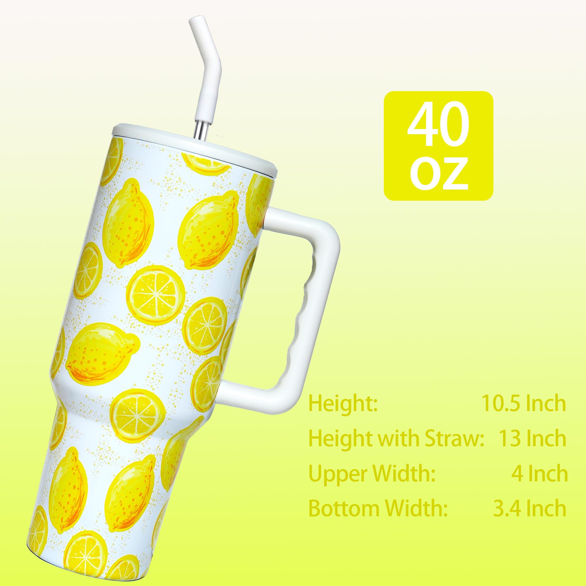 Lemon Tumbler With Straw And Lid Vacuum Insulated 40Oz Stainless Steel Cup For Women Birthday