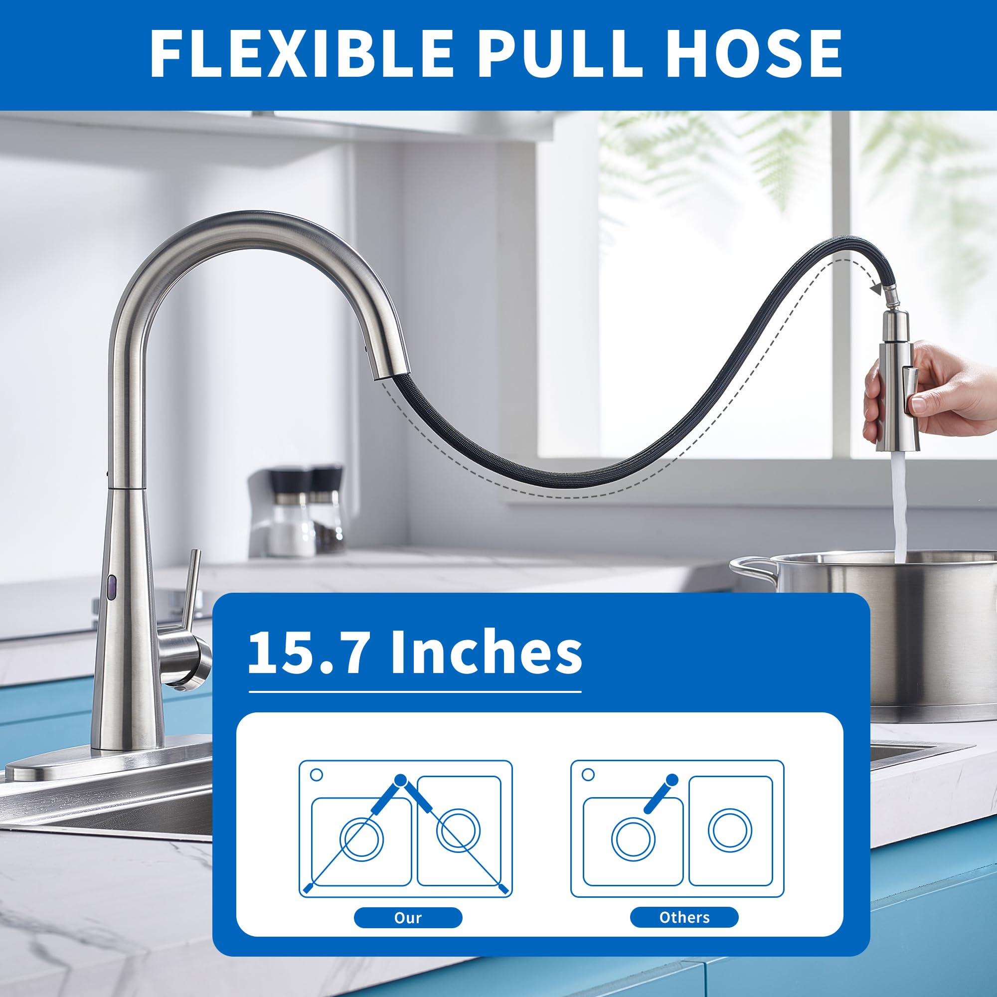 Tohlar Touchless Kitchen Sink Faucets With Pull Down Sprayer Brushed Nickel, Modern Side Sensor Faucet For Sink 3 Hole, Single Handle Stainless Steel Kitchen Faucet With Deck Plate