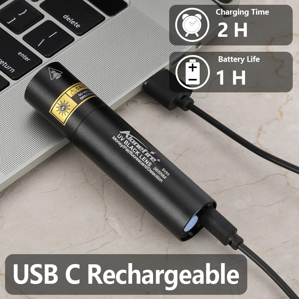 Alonefire Sv95 365Nm Small Uv Flashlight 3W Usb C Rechargeable Mini Woods Lamp Money Checker Black Light For Resin Curing, Pet Urine Detection, Scorpion, Bed Bug, Minerals,Leaks With Built-In Battery