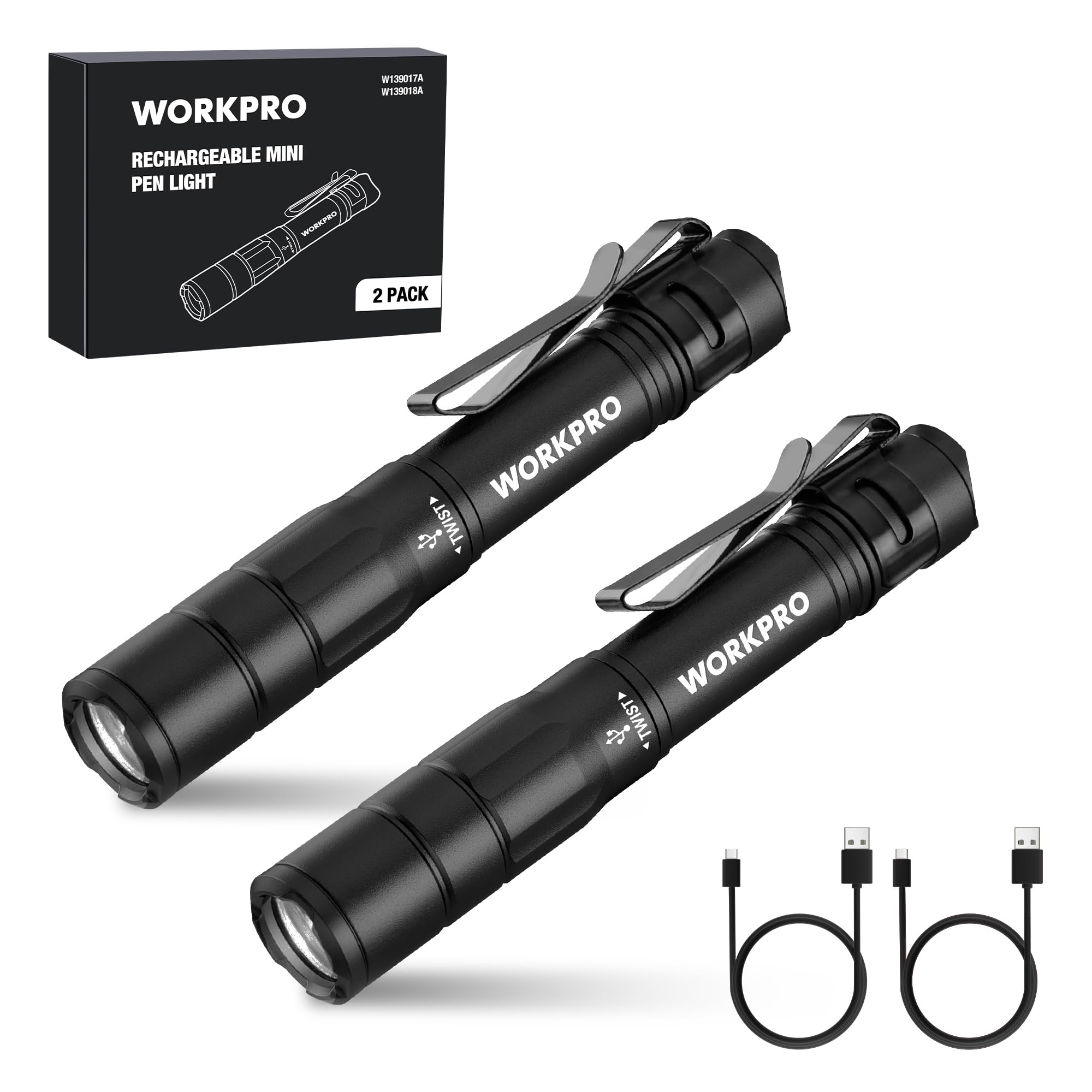 Workpro Rechargeable Pen Light, Mini Flashlight, 2 Pack Ultra-Compact Edc Flashlight, Pocket Flashlight With Clip, Memory Function And 2 X Usb C Cable Included, Black