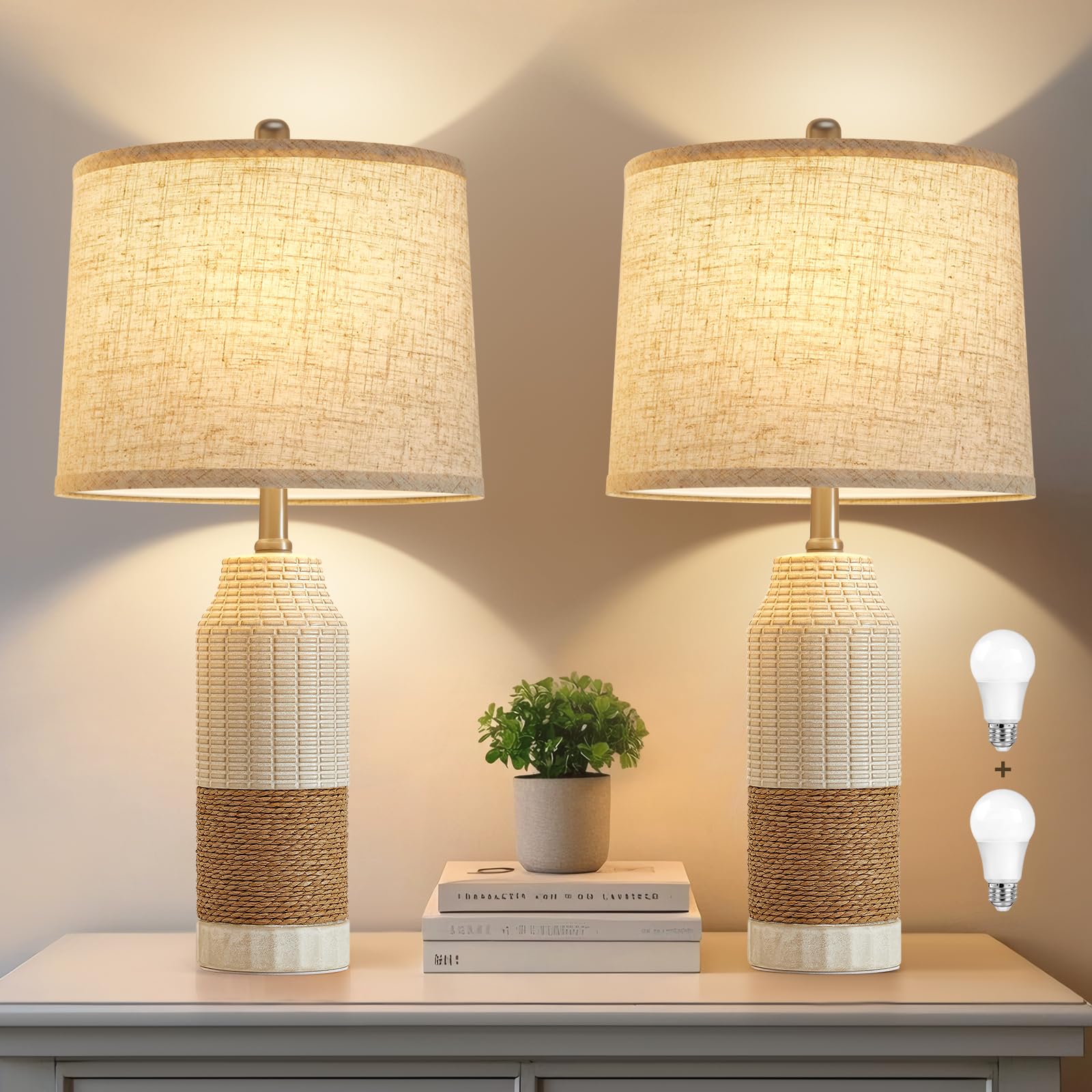 Gyrovu Boho Table Lamps Set Of 2, Rattan Bedside Lamps With 3 Color Temperatures - Vintage Farmhouse Nightstand Lamps For Bedroom, Living Room, Office, Bedside Table,Bulbs Included