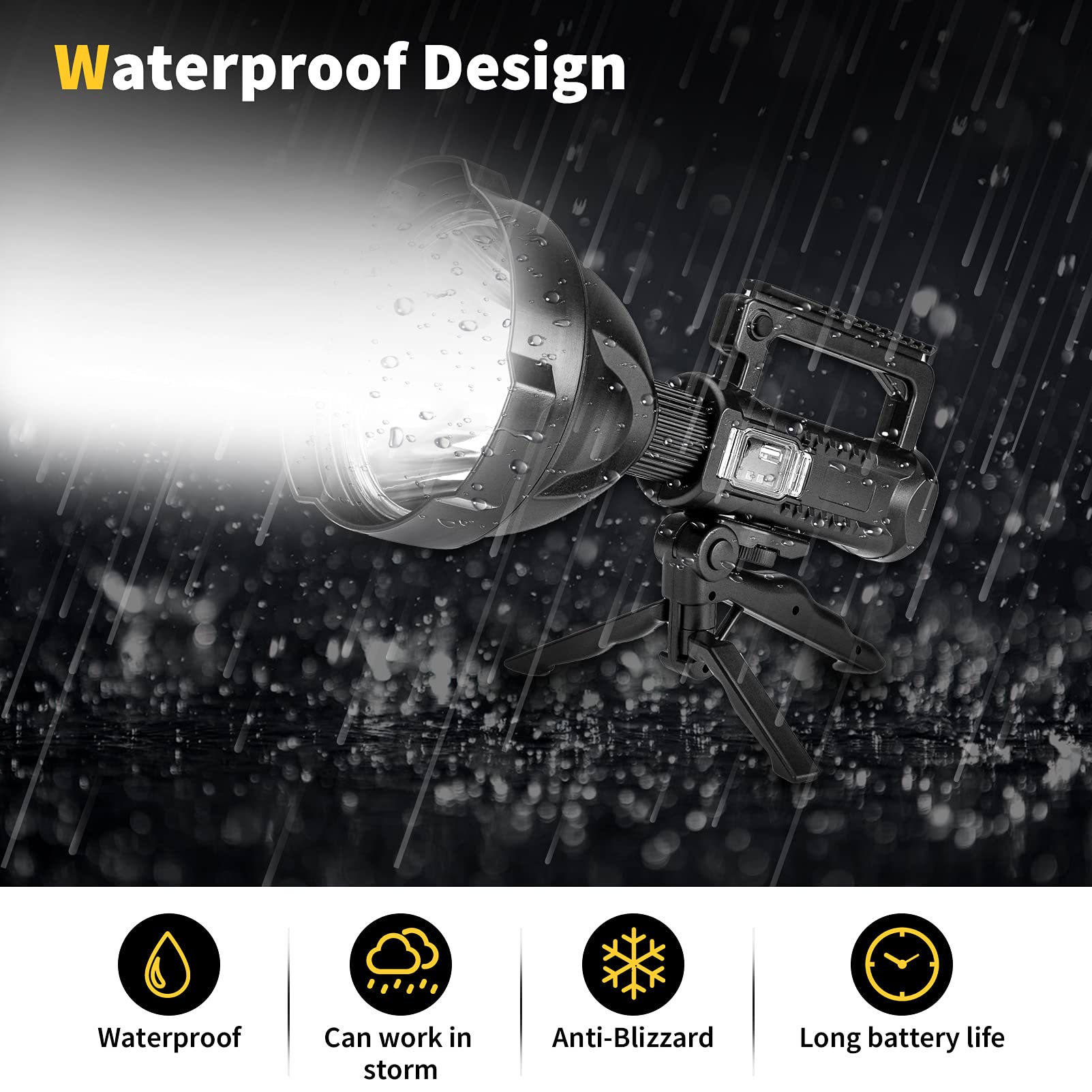 Yongkist Super Bright Rechargeable Led Spotlight,Handheld Tactical Flashlight 4 Modes High Power Portable Waterproof Searchlight For Outdoor Tripod, Adpater And Usb Cable Included