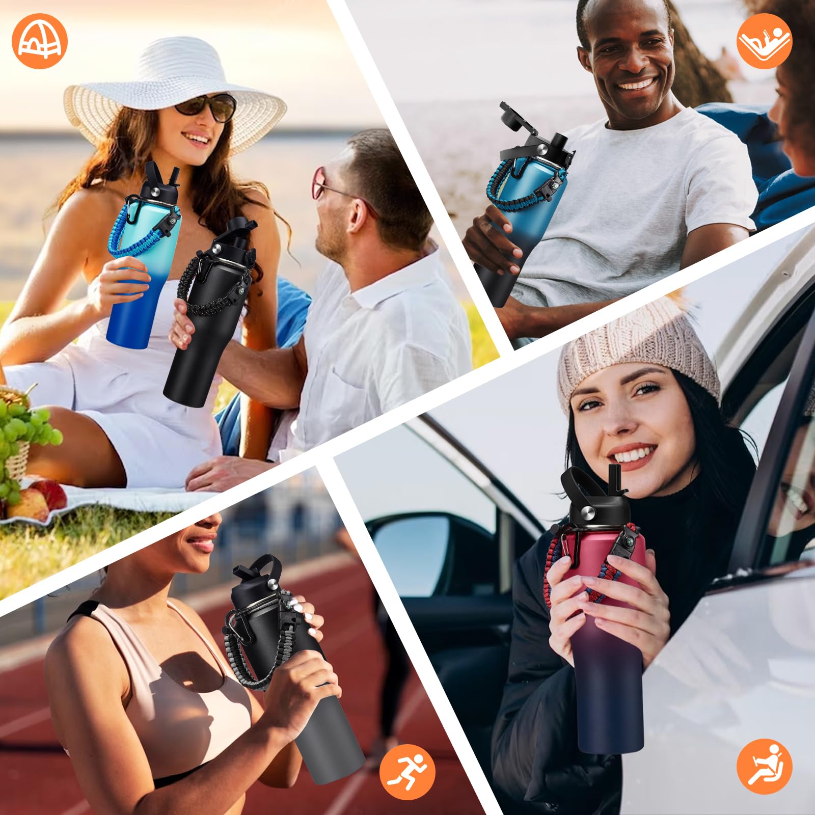 32 Oz Water Bottle Stainless Steel Tumbler - W/Paracord Handle, Straw Lid & Spout Lid & Sling Bag